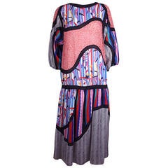 Diane Freis 1980s Abstract Patchwork Pleated Dress