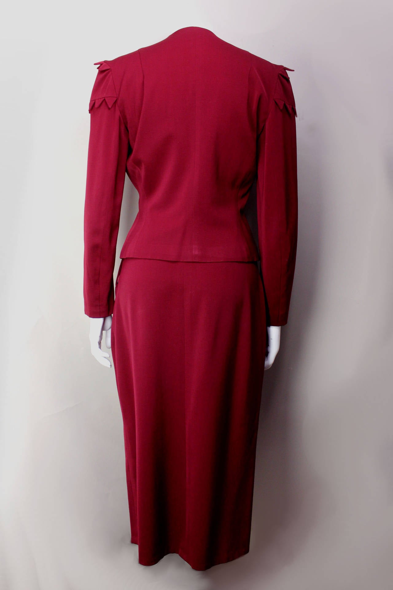 Red 1940s Womens Suit with Unique Chevron-Shaped Details