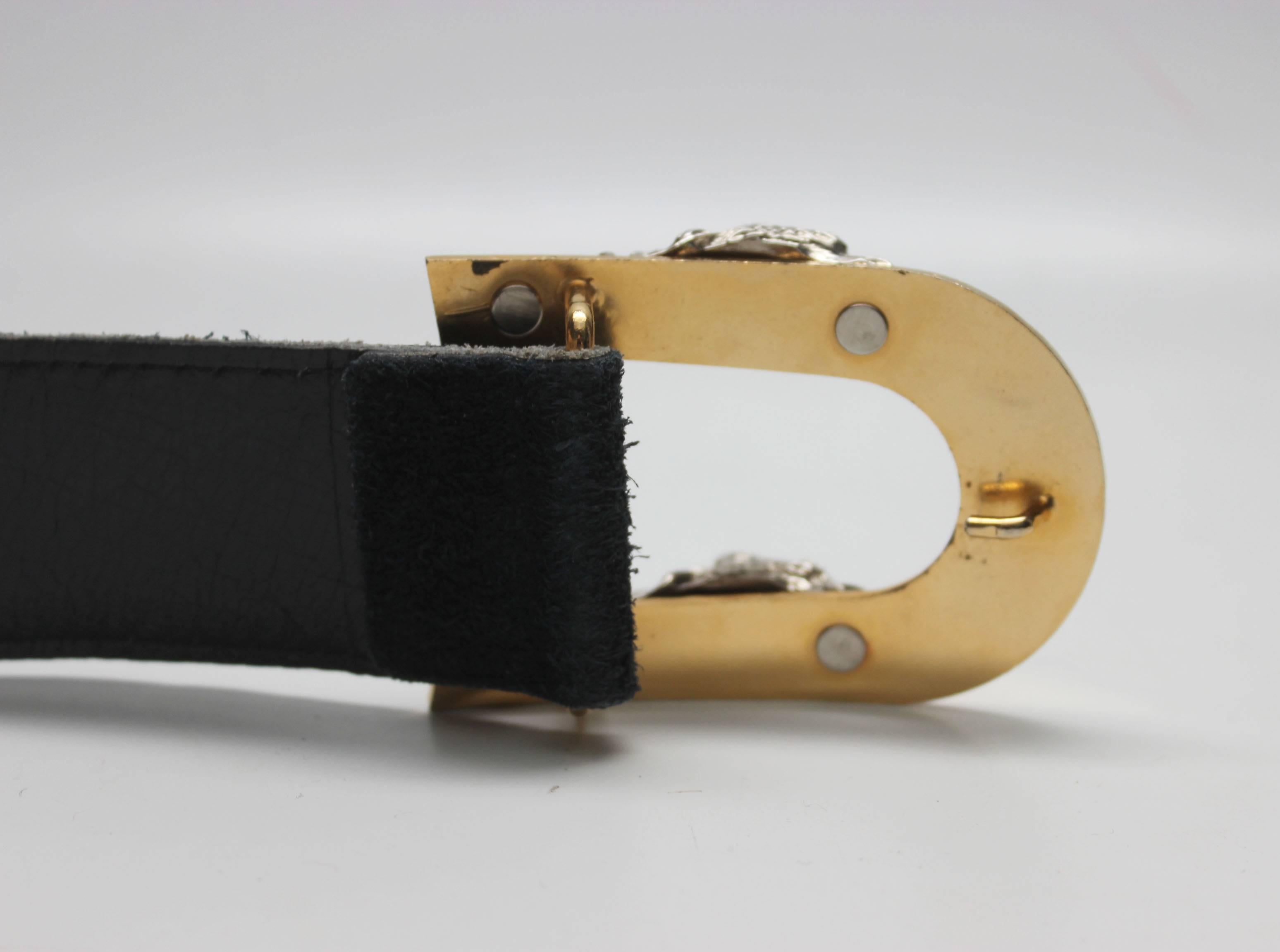 Women's or Men's 1970s Jaeger Suede/Leather Navy Belt with Gold Dragon Buckle