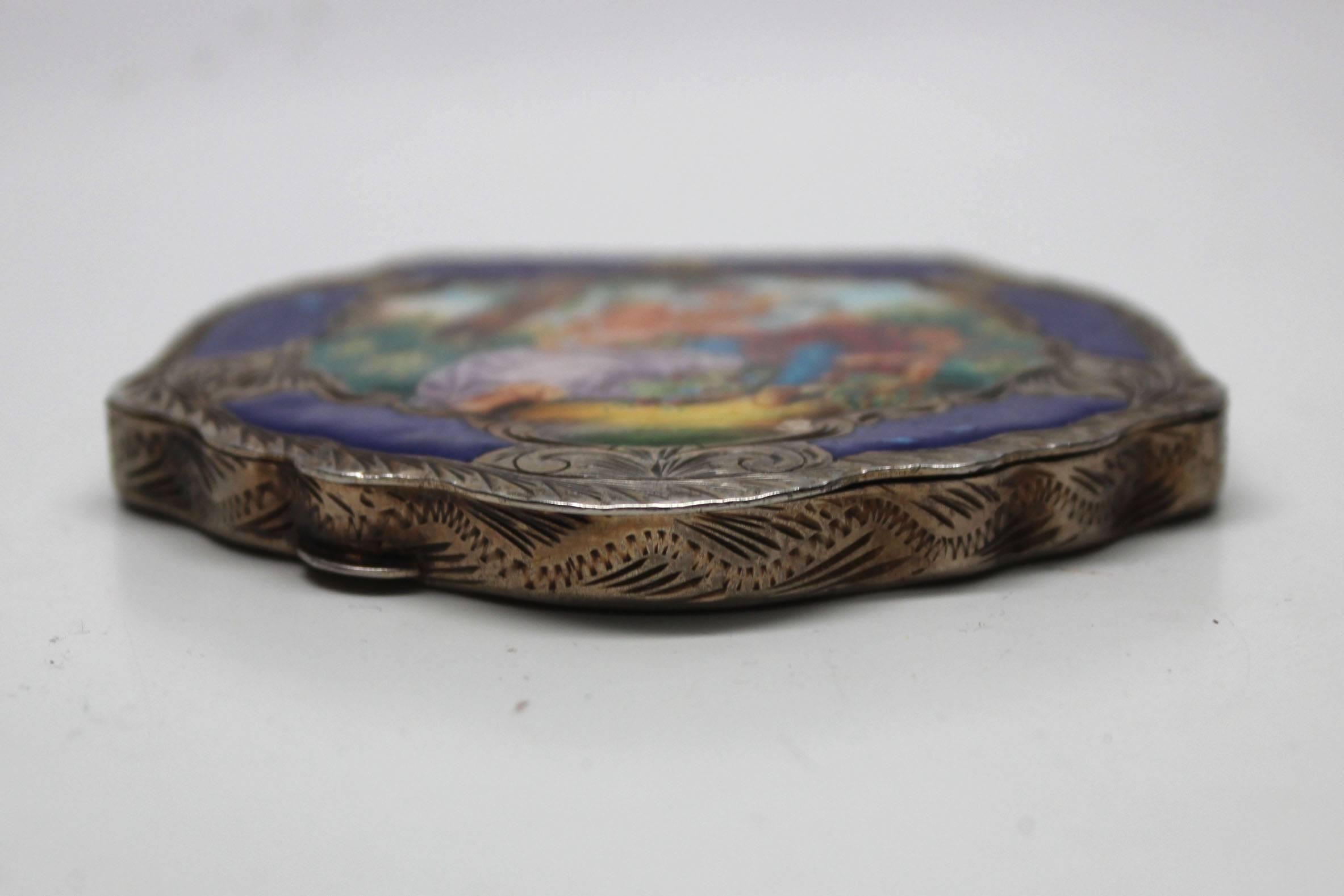 Vintage Sterling and Enamel Italian Compact Box, Francois Boucher, The Bird Cage For Sale 2