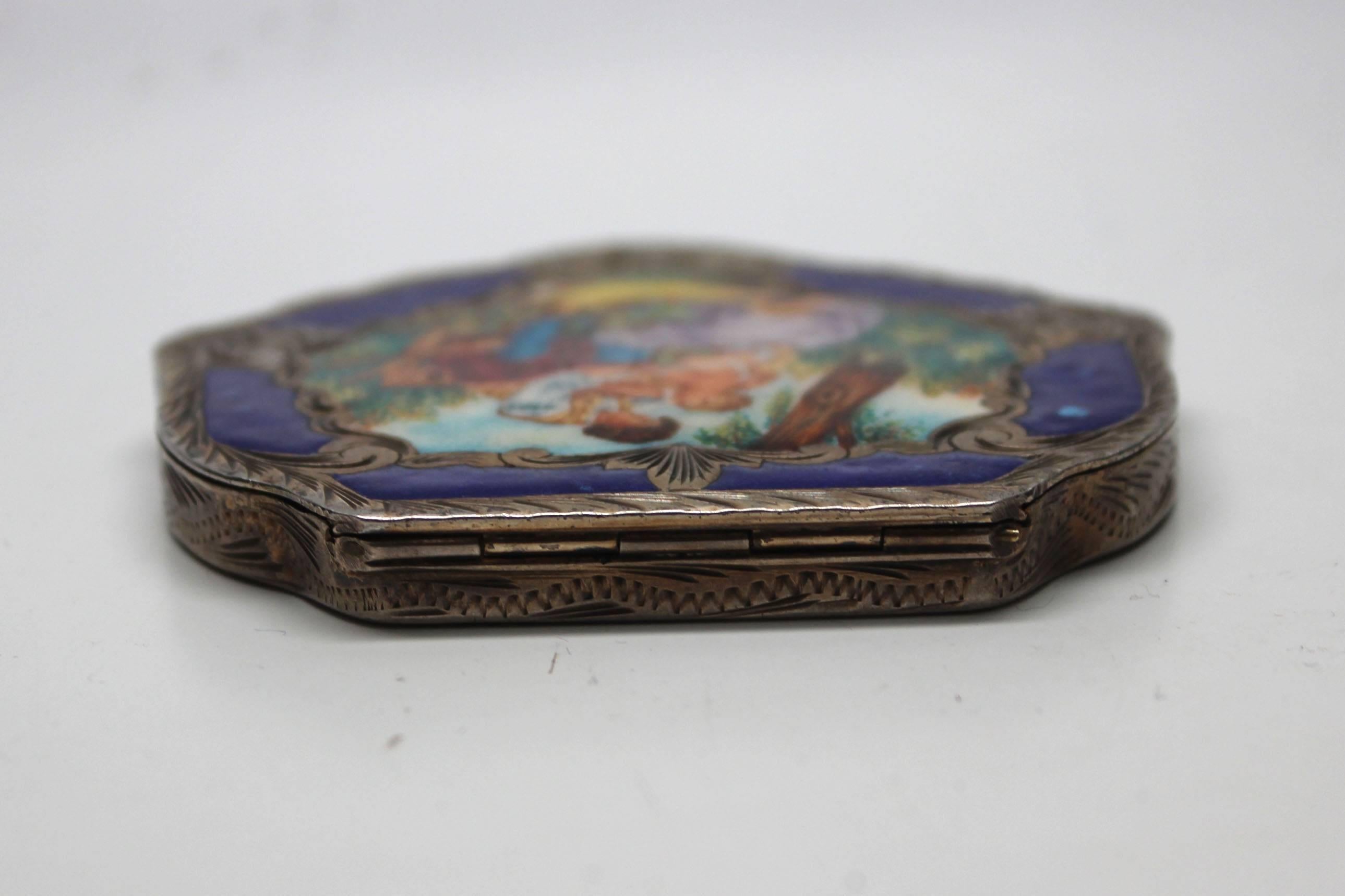 Vintage Sterling and Enamel Italian Compact Box, Francois Boucher, The Bird Cage For Sale 3