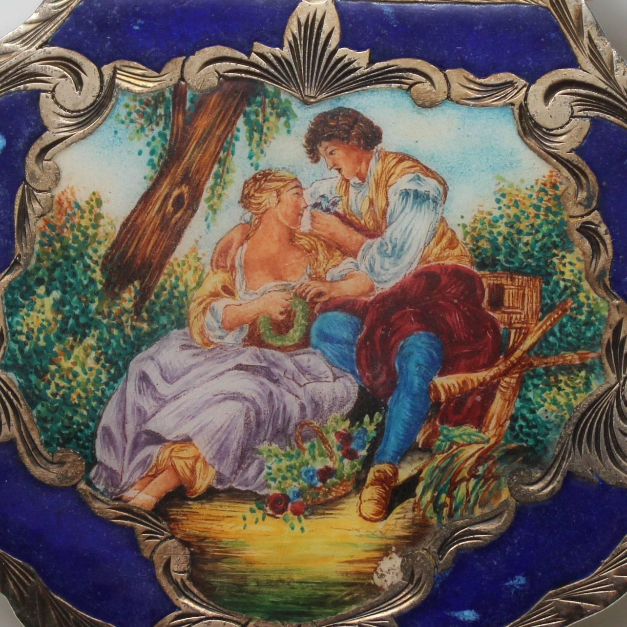 Vintage Sterling and Enamel Italian Compact Box, Francois Boucher, The Bird Cage For Sale 1