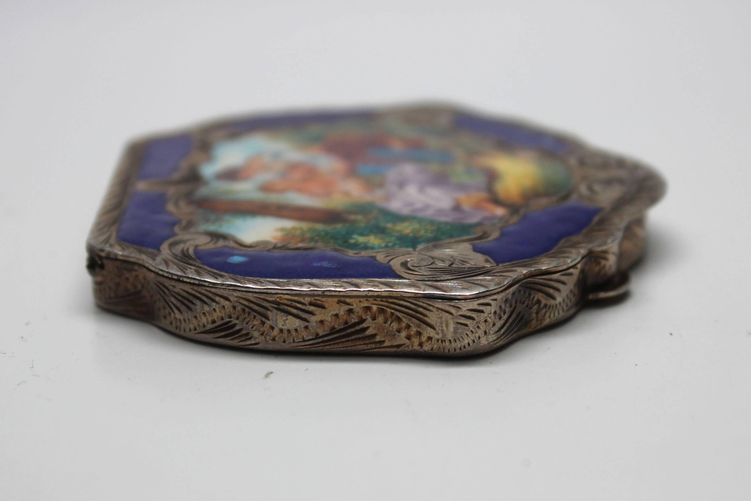 Vintage Sterling and Enamel Italian Compact Box, Francois Boucher, The Bird Cage For Sale 4