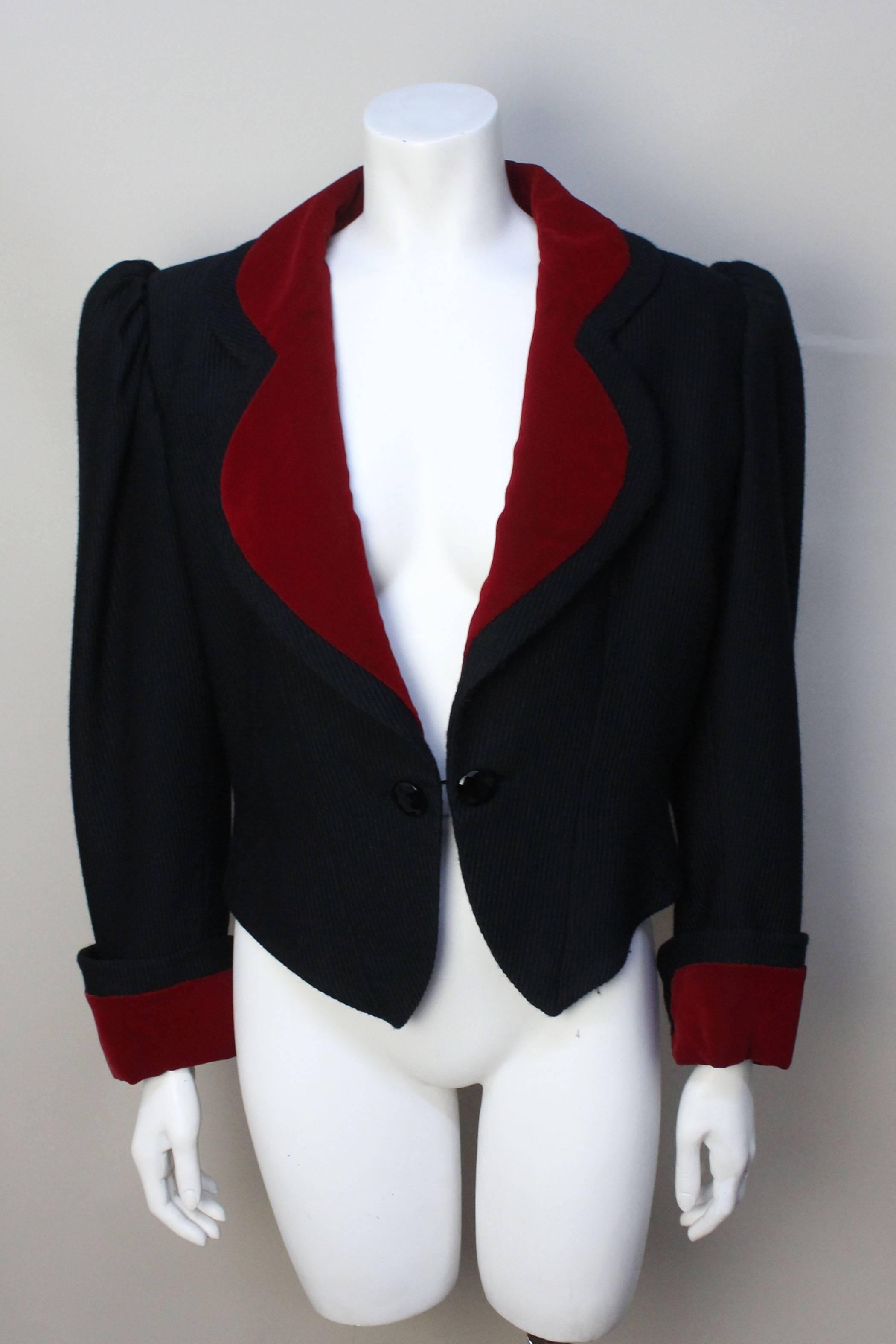 This garment is a departure from what we think of as a DVF design. She is most well known for her simple and elegant shapes especially her wrap dresses. This wool jacket has a bold design with its leg of mutton sleeve ending with a deep velvet cuff.