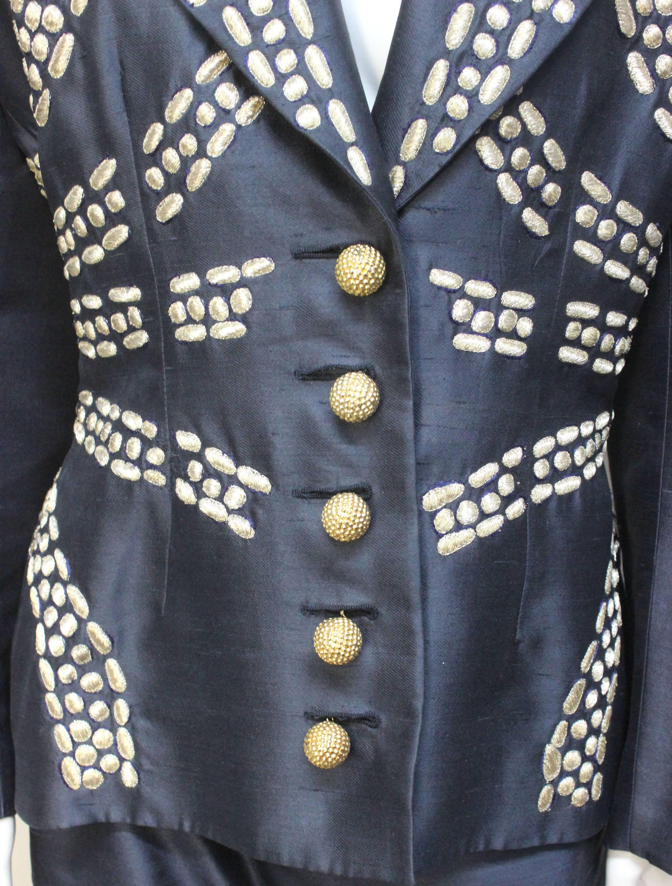 Vintage 1980's Valentino Gold Metallic Embroidered Suit For Sale 1