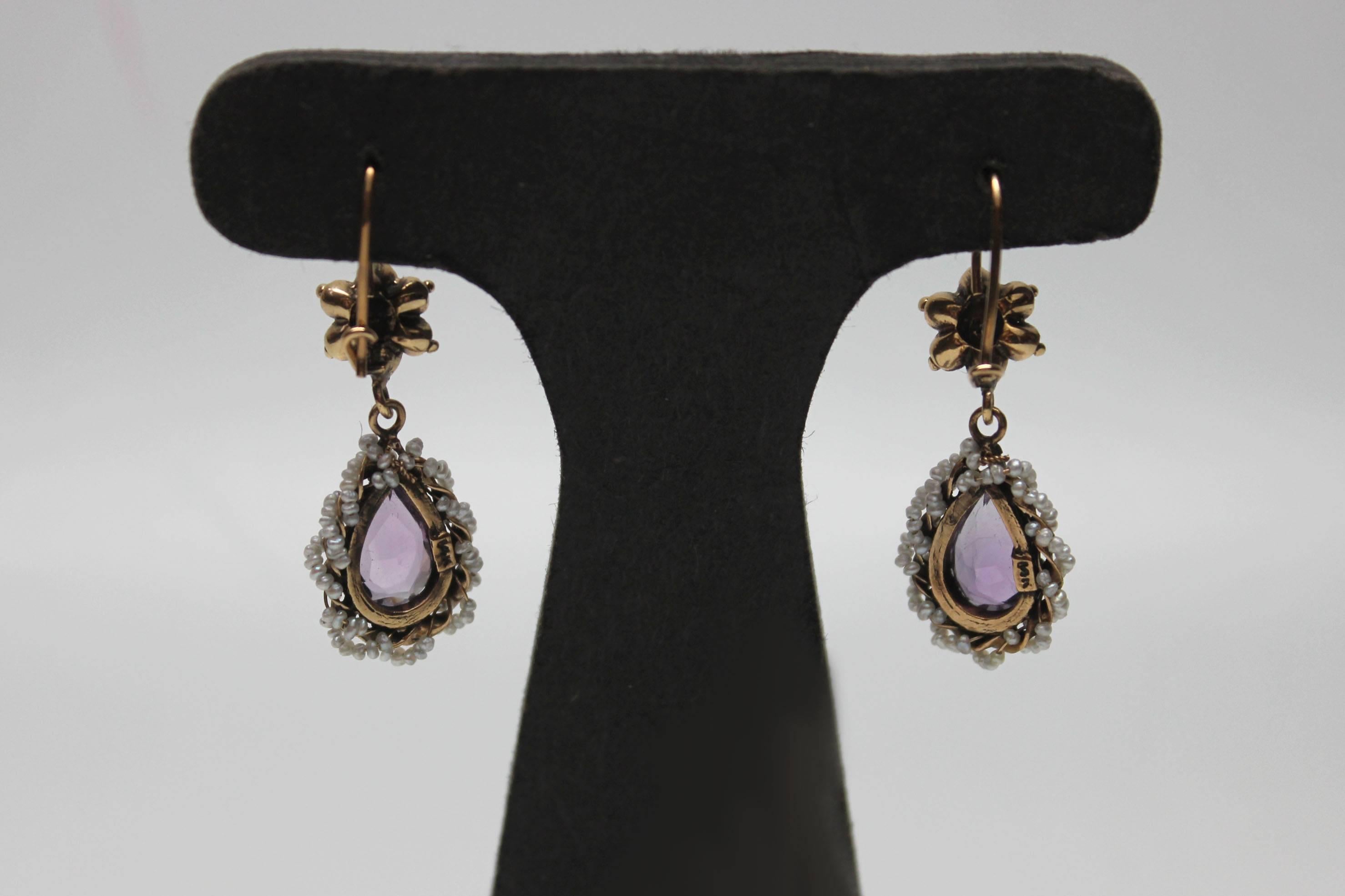 Victorian 14k Gold, Amethyst, and Pearl Teardrop Earrings In Excellent Condition In New York, NY