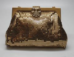 1940s Whiting and Davis Gold Mesh Evening Bag with Rhinestone Clasp