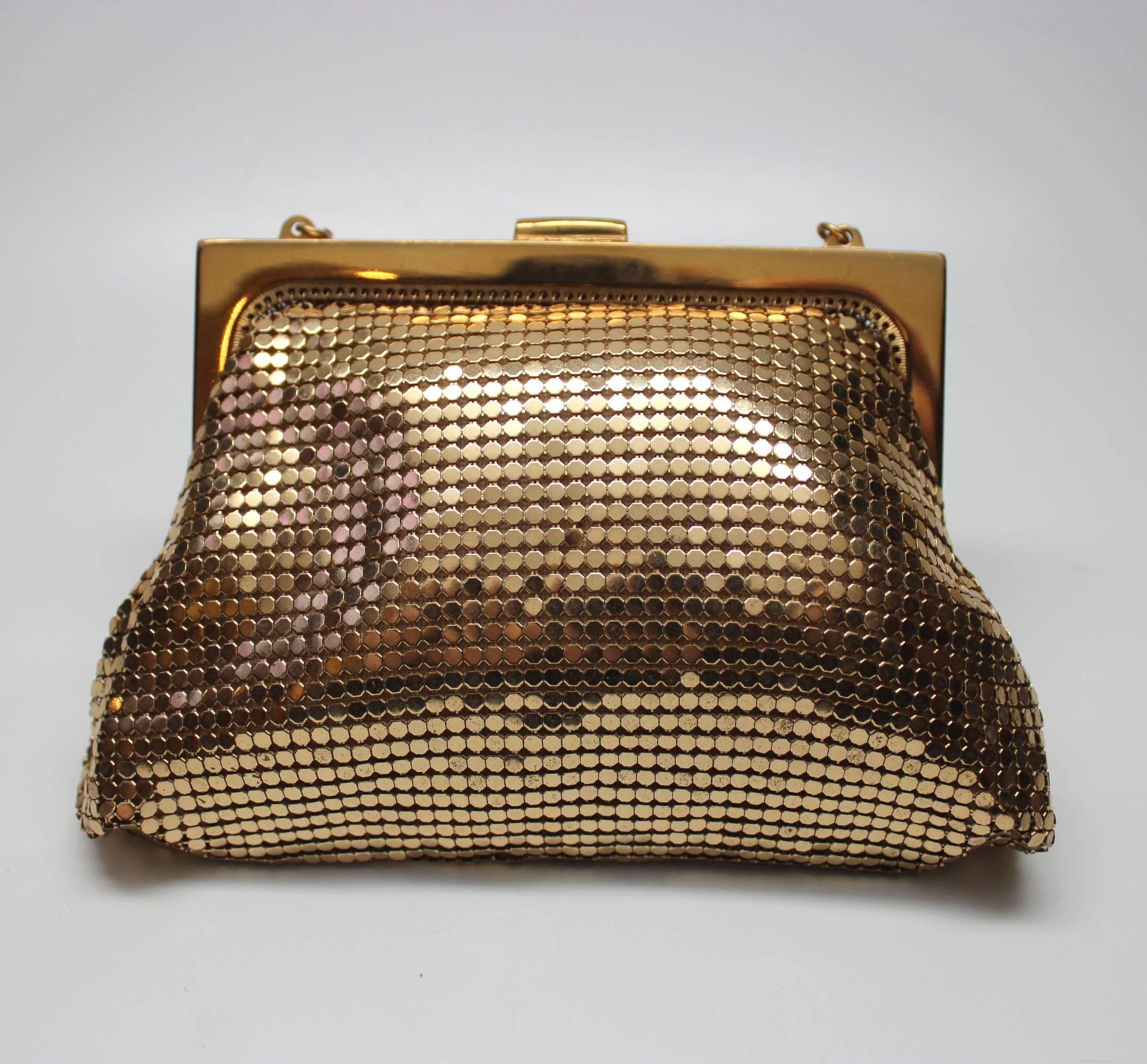 Brown 1940s Whiting and Davis Gold Mesh Evening Bag with Rhinestone Clasp
