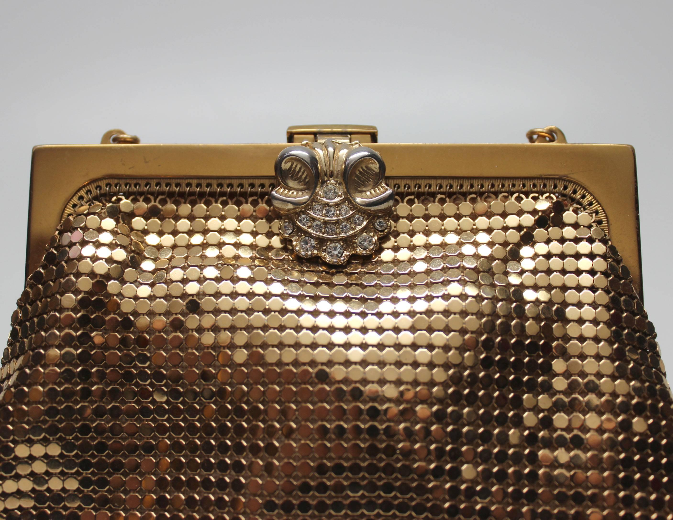 Women's or Men's 1940s Whiting and Davis Gold Mesh Evening Bag with Rhinestone Clasp