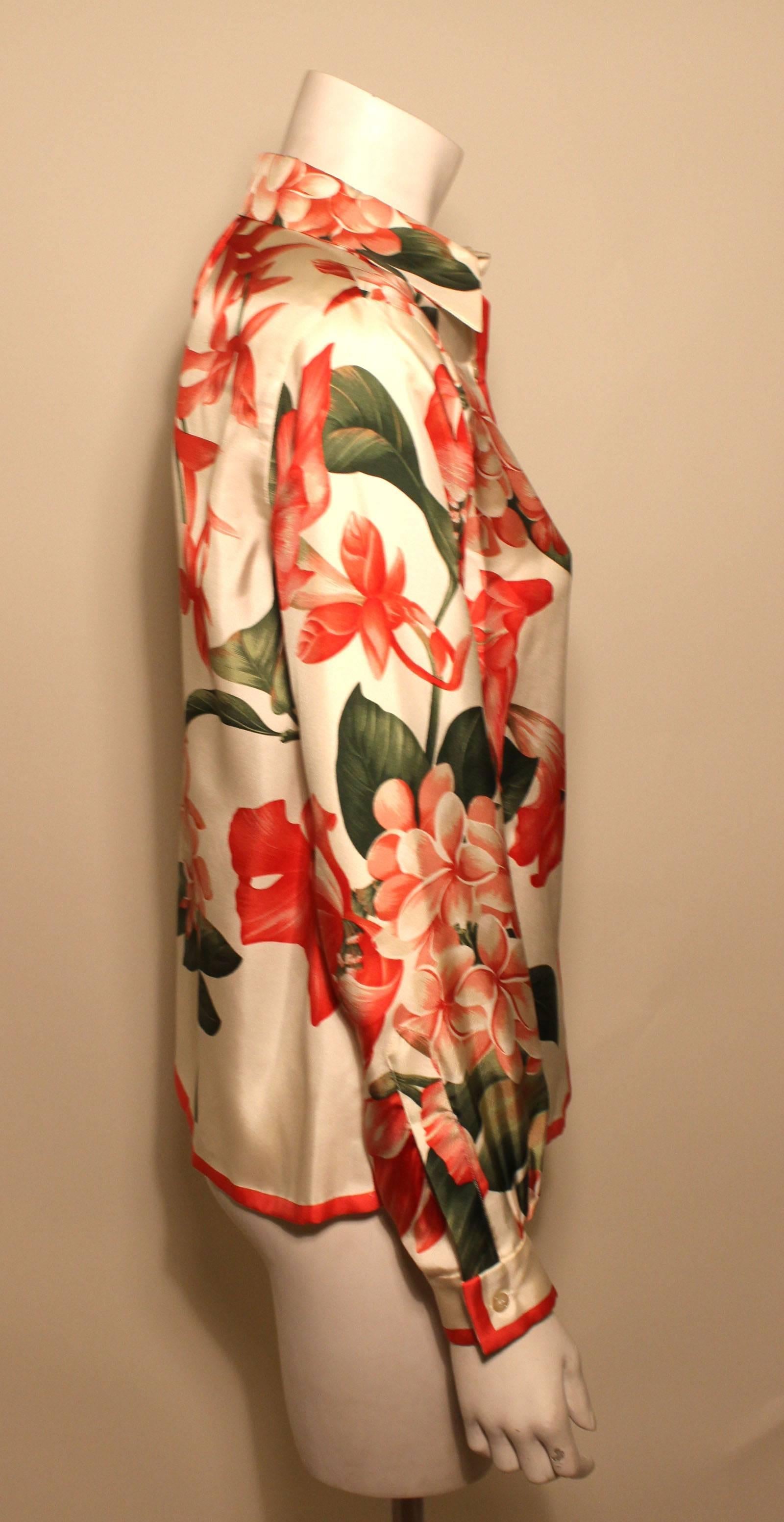 Beige Vintage 1970s Oscar de la Renta Silk Floral Blouse