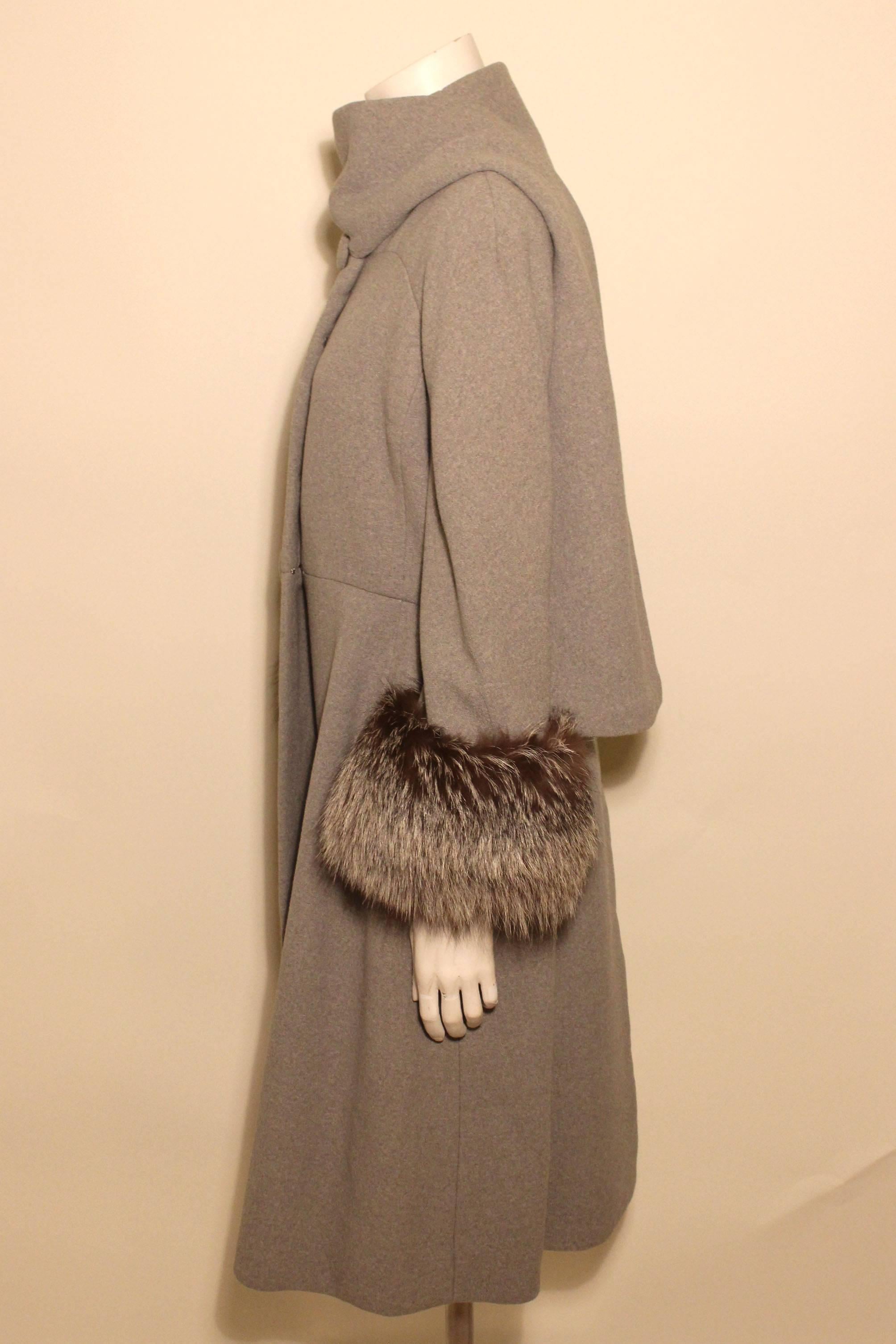 Brown Vintage Pauline Trigere Grey Coat with Fox Trim For Sale