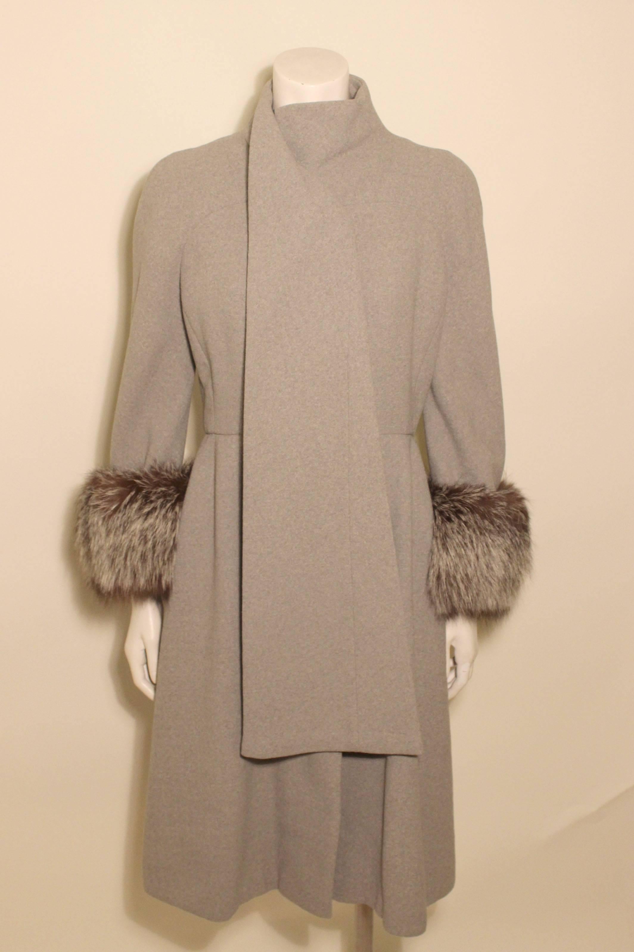 Women's Vintage Pauline Trigere Grey Coat with Fox Trim For Sale