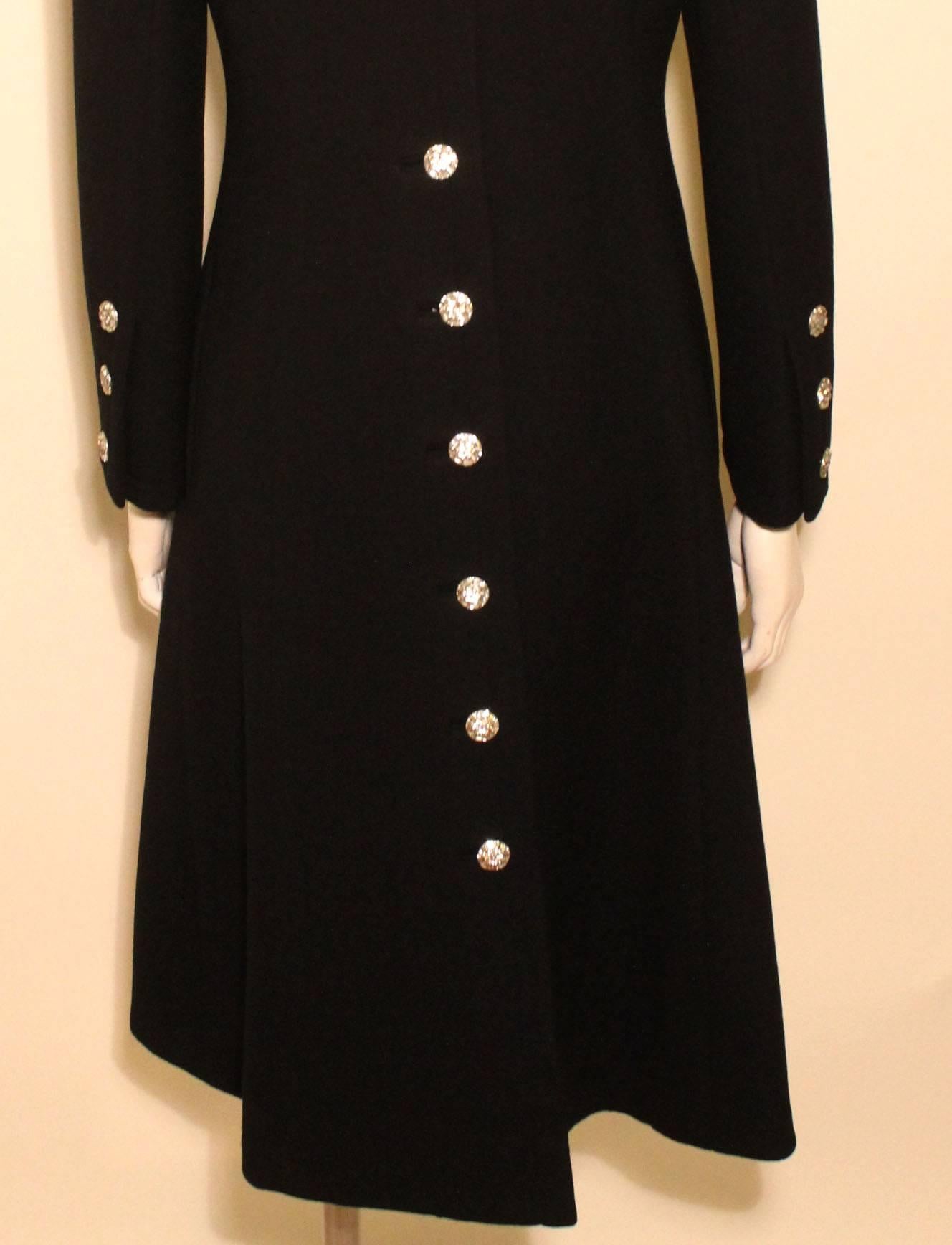 Vintage Pauline Trigere Black Evening Coat with Rhinestone Buttons For Sale 1