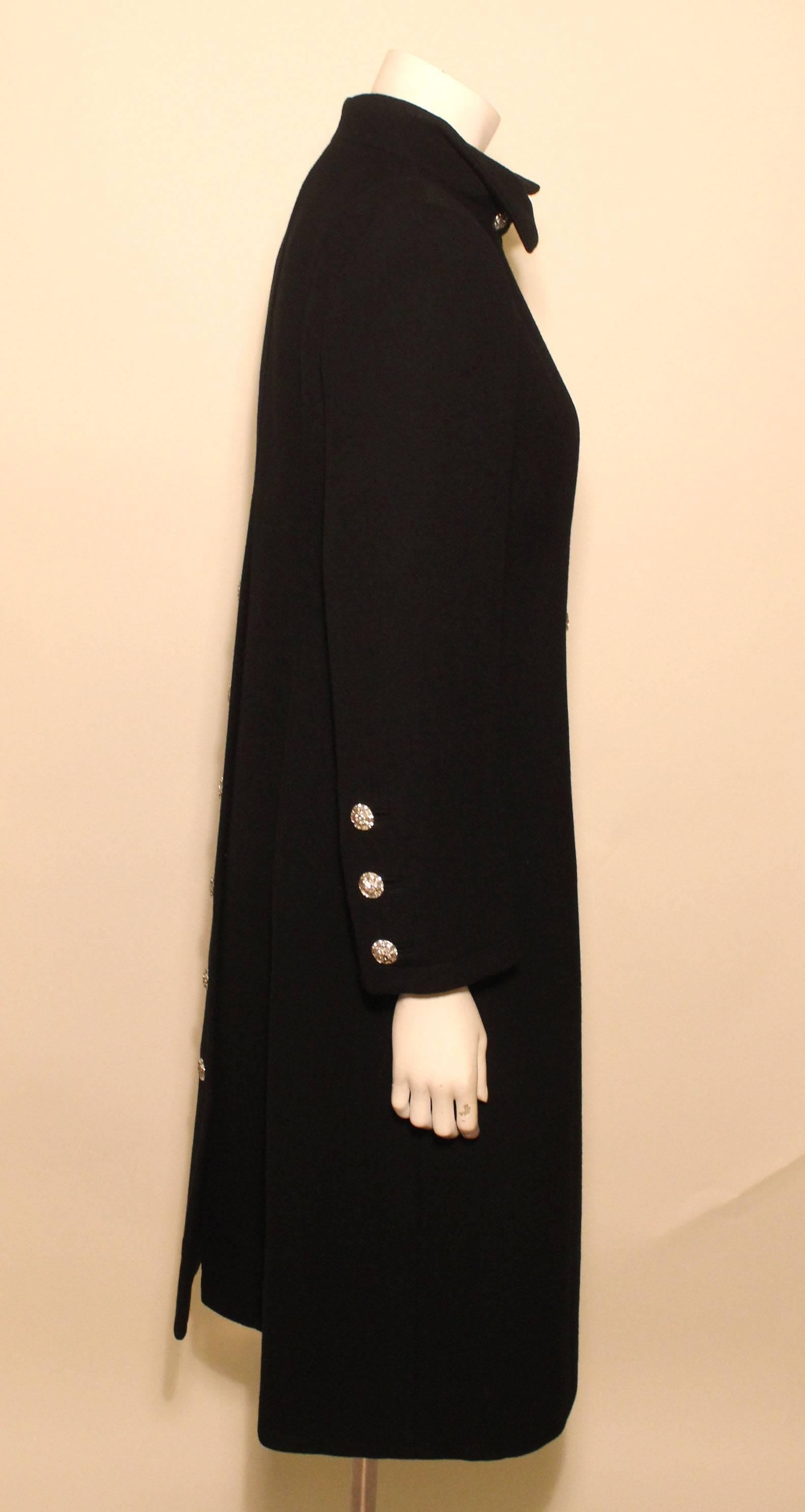 Vintage Pauline Trigere Black Evening Coat with Rhinestone Buttons In Excellent Condition For Sale In New York, NY