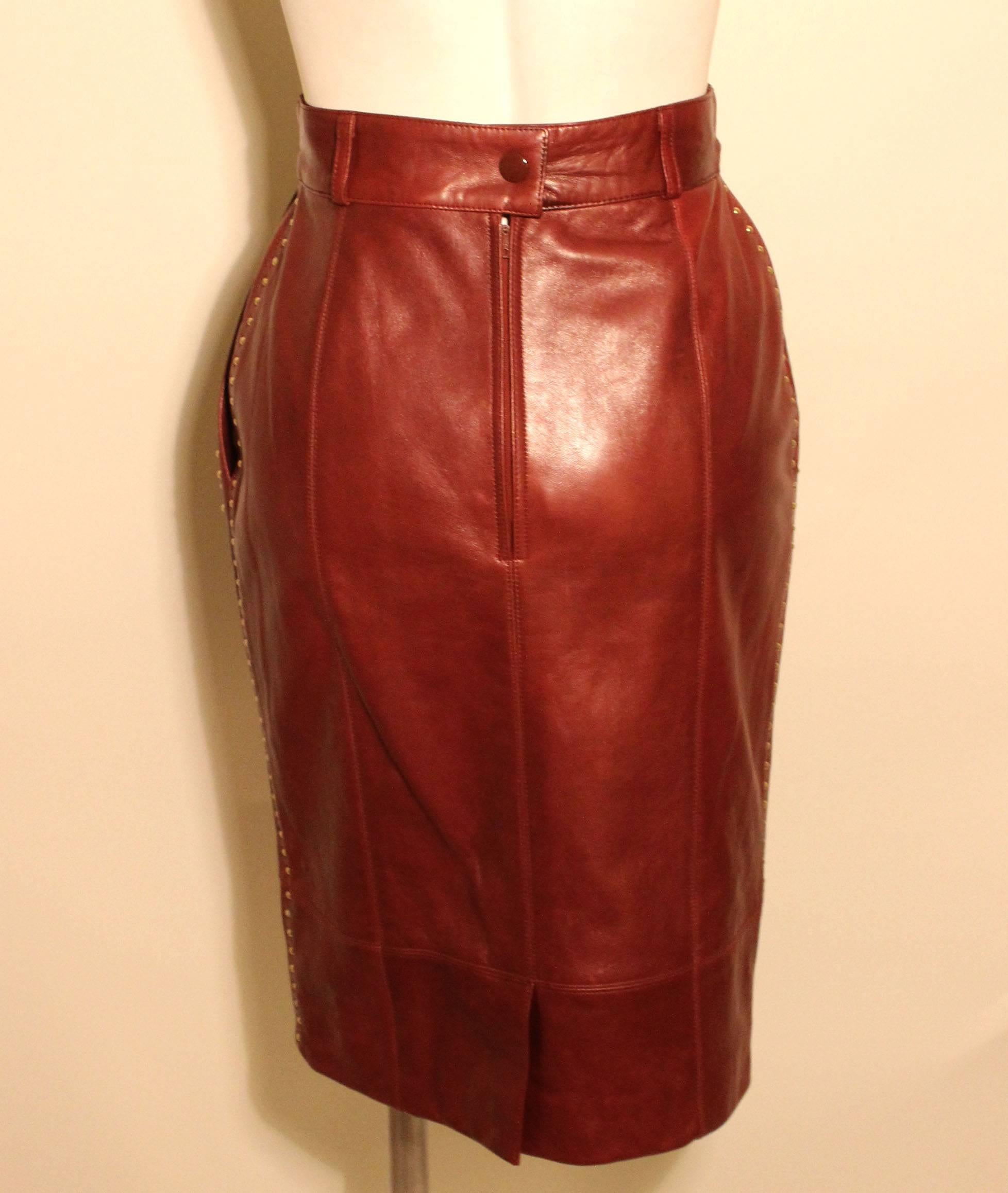 Vintage 1980s Escada Leather Bomber and Studded Skirt Ensemble, Never Worn For Sale 2