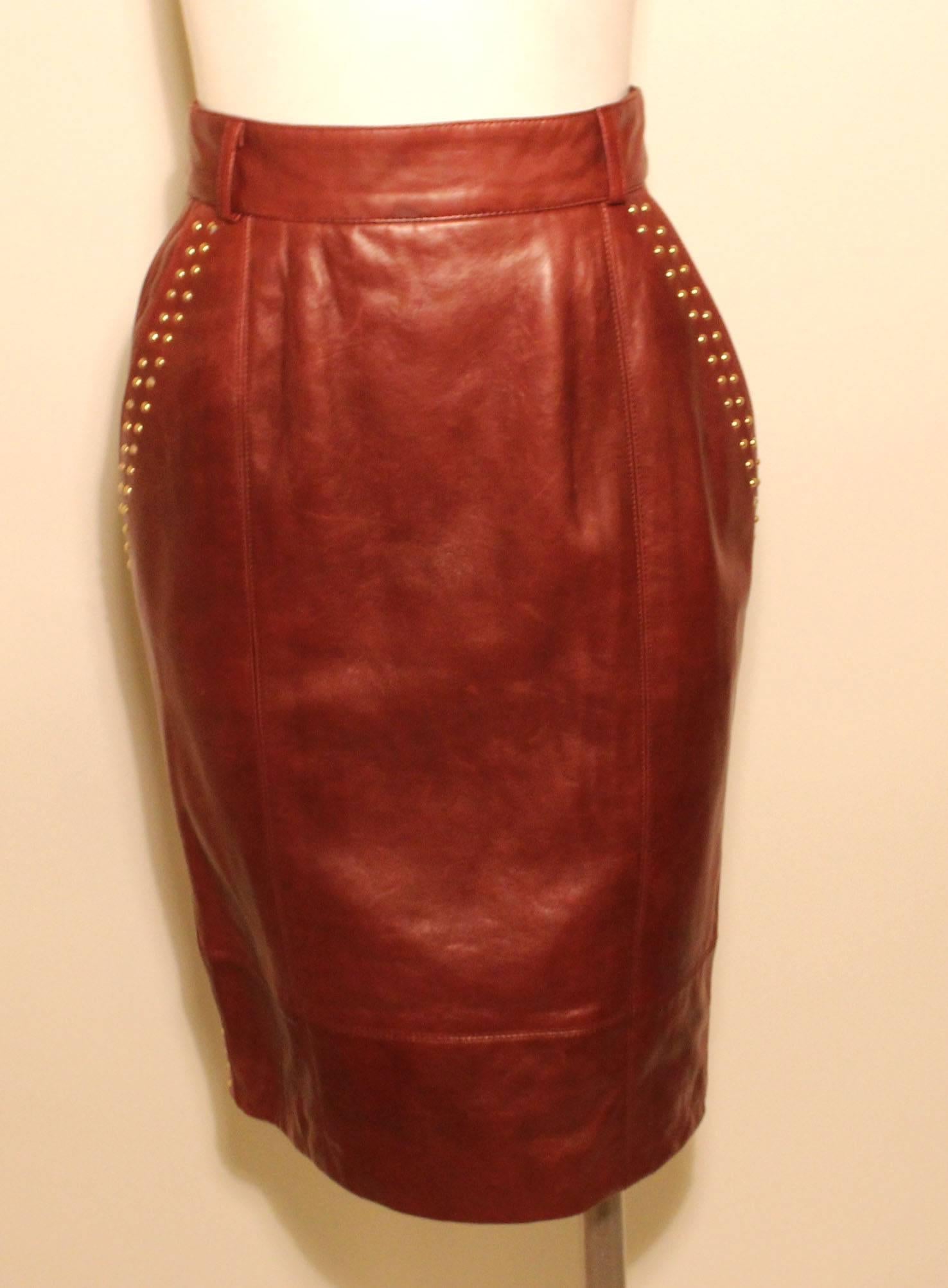 Vintage 1980s Escada Leather Bomber and Studded Skirt Ensemble, Never Worn For Sale 1