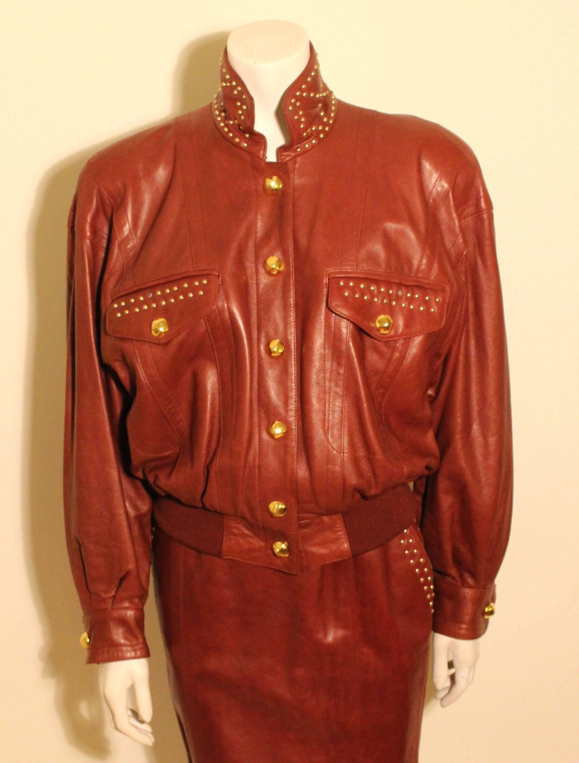 Women's Vintage 1980s Escada Leather Bomber and Studded Skirt Ensemble, Never Worn For Sale