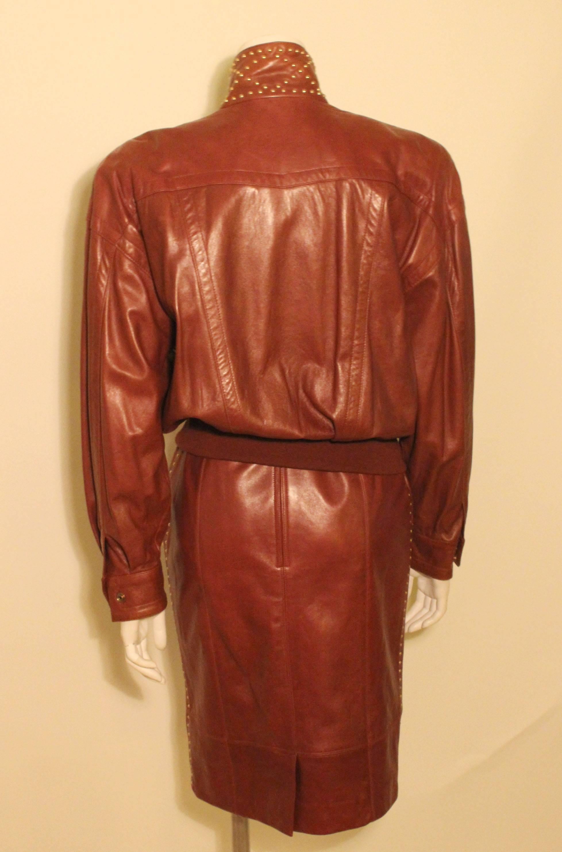 Brown Vintage 1980s Escada Leather Bomber and Studded Skirt Ensemble, Never Worn For Sale