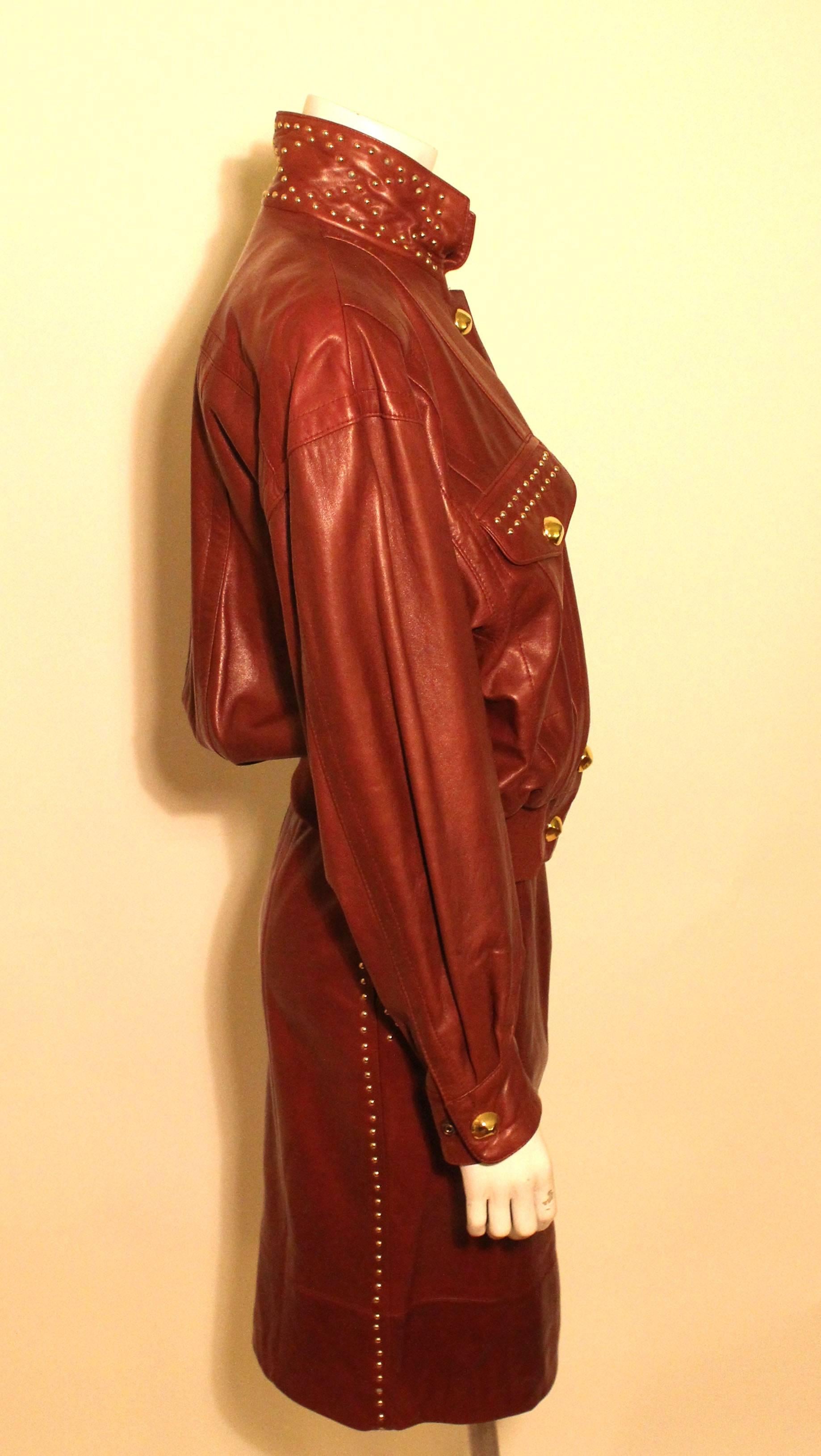 Vintage 1980s Escada Leather Bomber and Studded Skirt Ensemble, Never Worn In New Condition For Sale In New York, NY