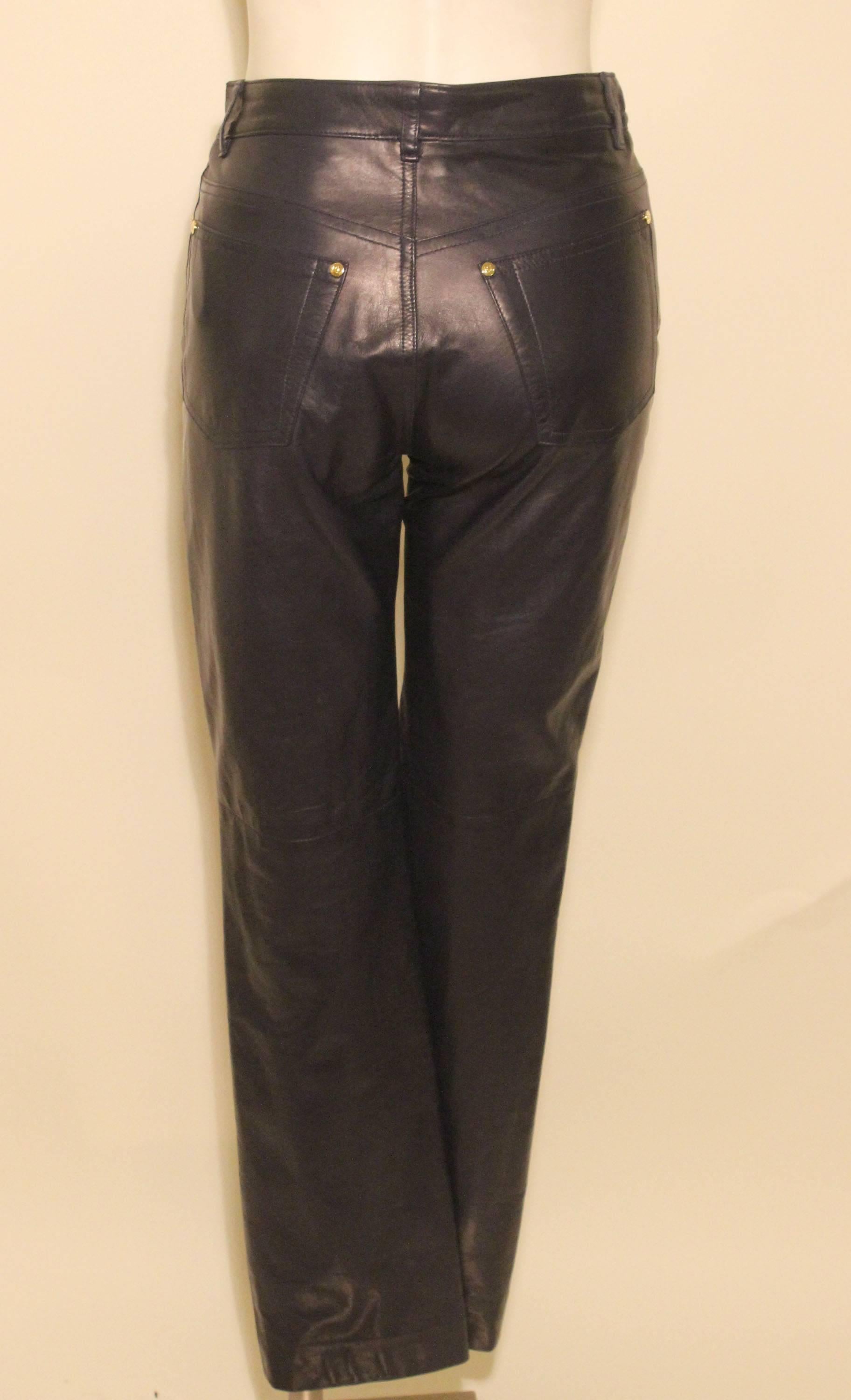 Vintage Ralph Lauren Midnight Blue Leather Jeans In Excellent Condition For Sale In New York, NY