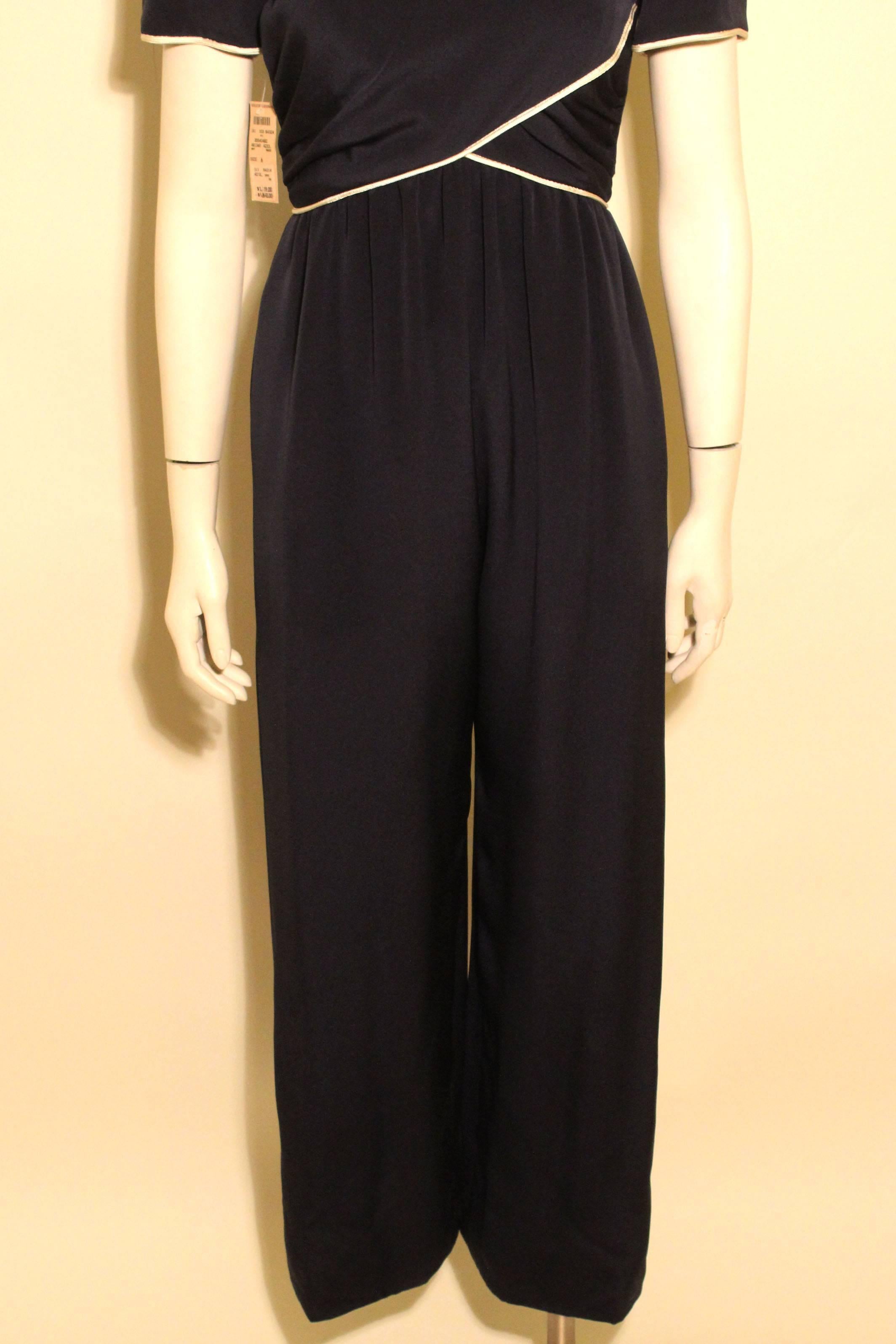 Vintage Bill Blass Navy Silk Jumpsuit For Sale 1