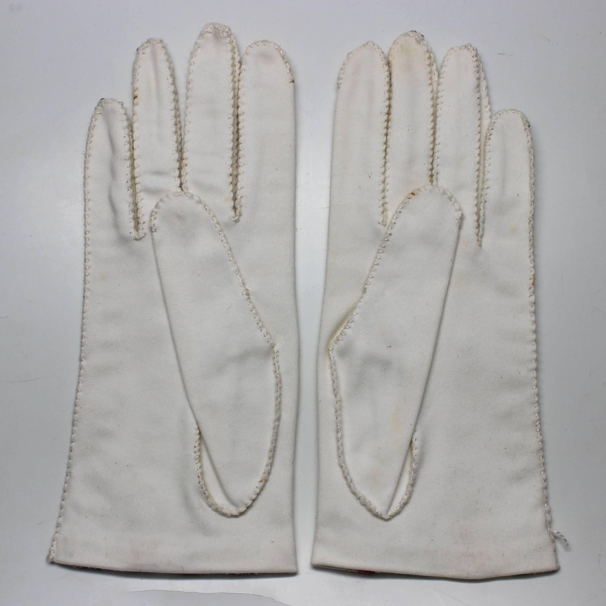 Gray Vintage Embroidered White Floral Gloves For Sale