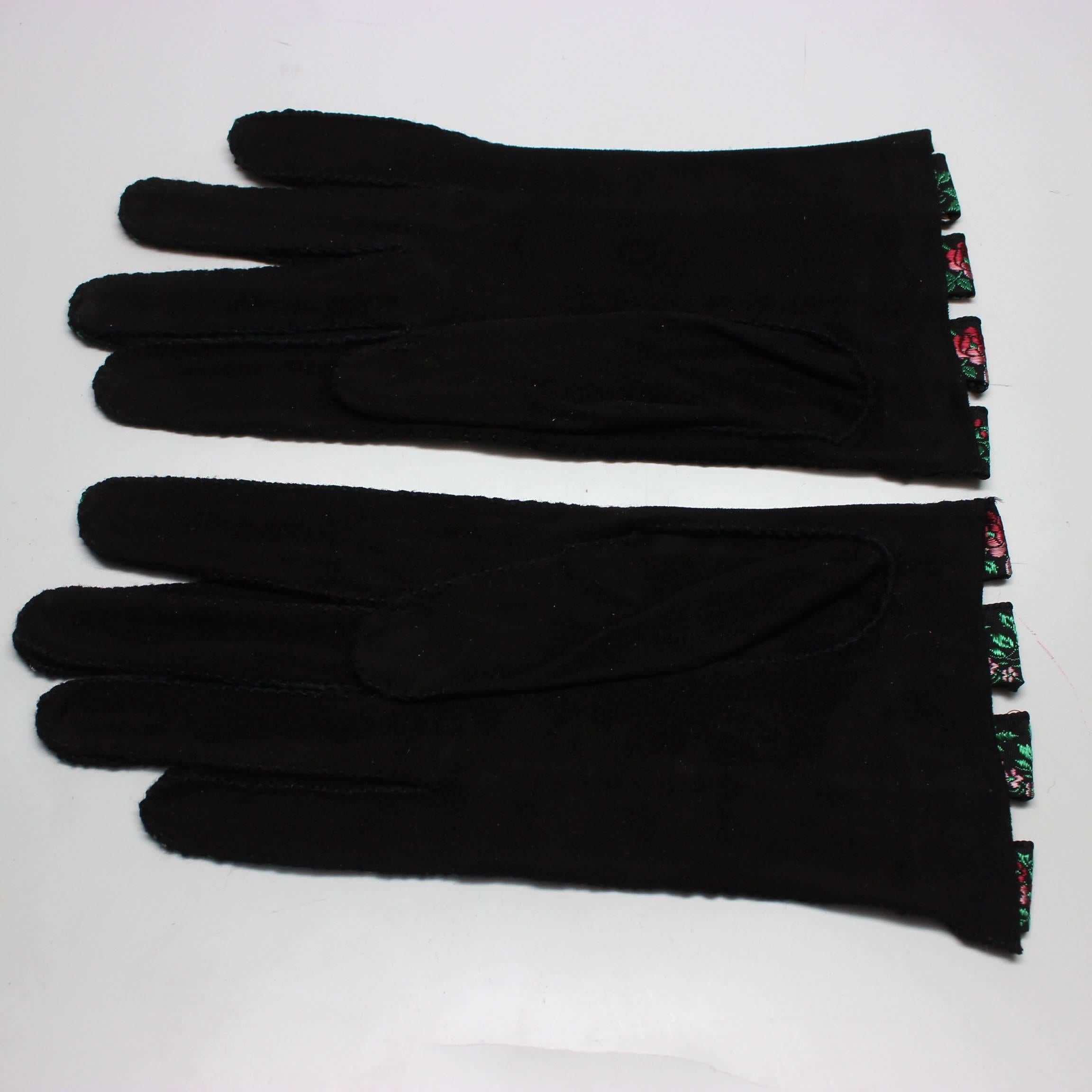 Black Vintage Suede & Embroidered Ribbon Gloves For Sale