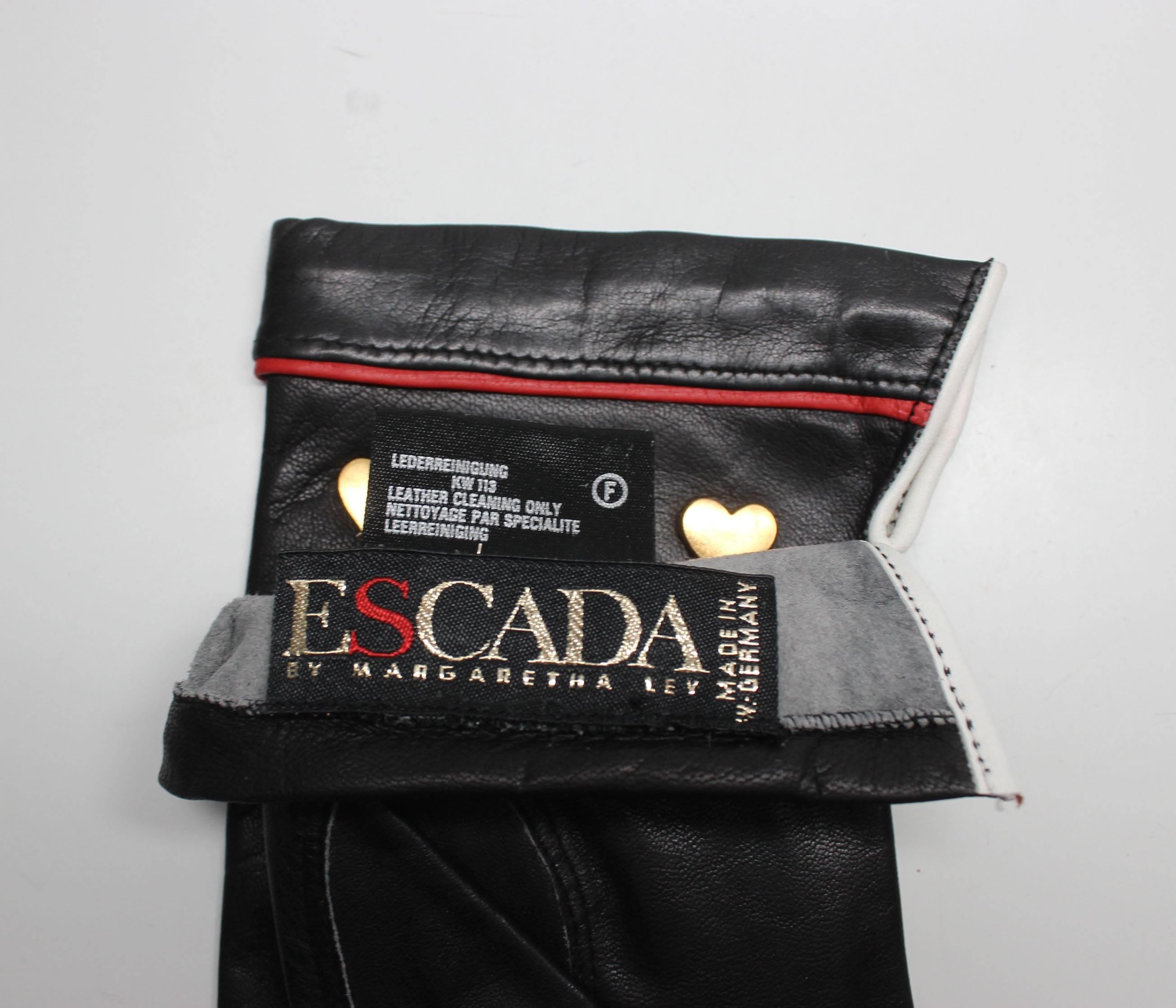 Vintage 1980s Escada Black Leather Gloves with Heart Studs, Never Worn 2