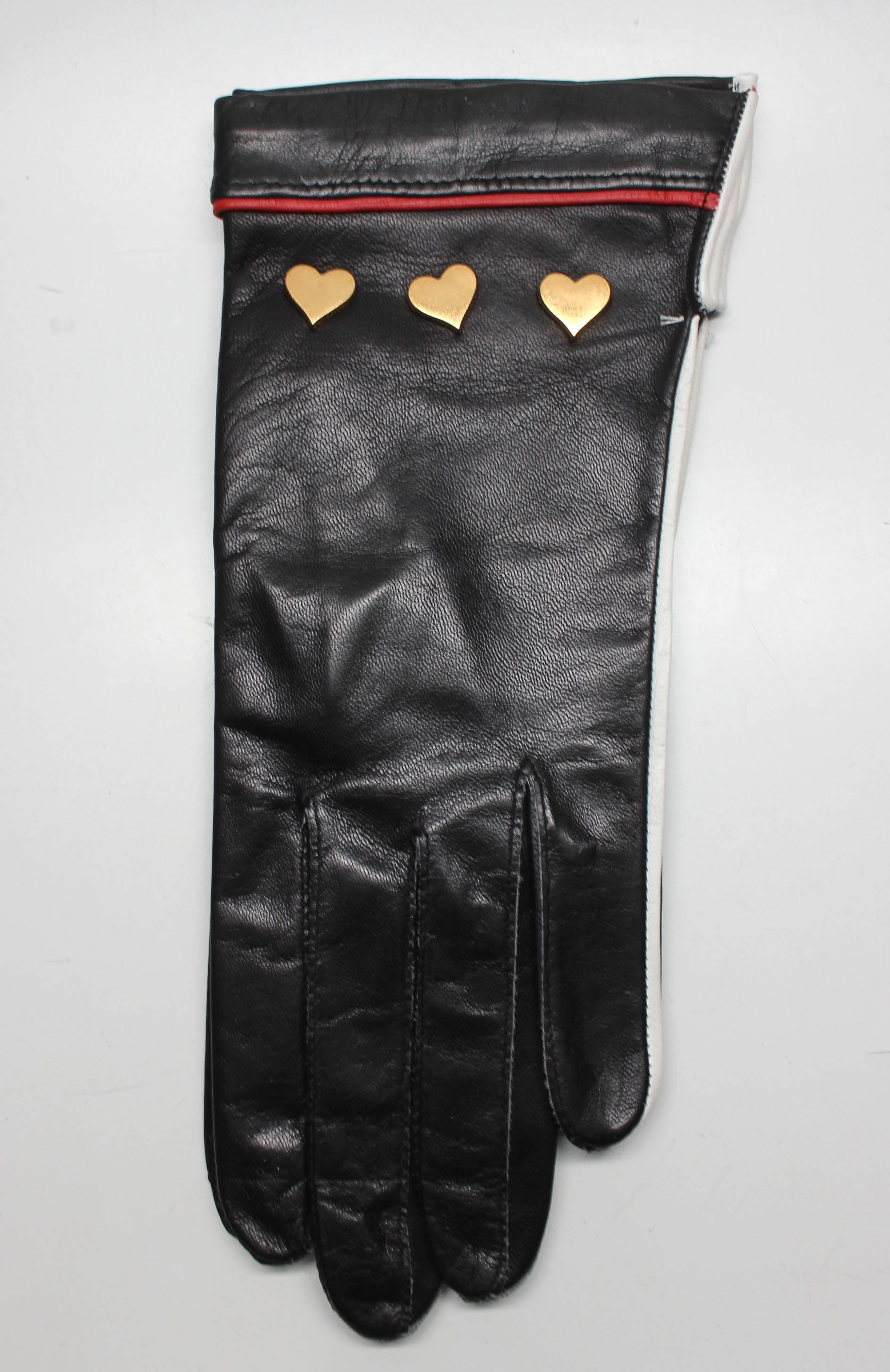 Women's Vintage 1980s Escada Black Leather Gloves with Heart Studs, Never Worn