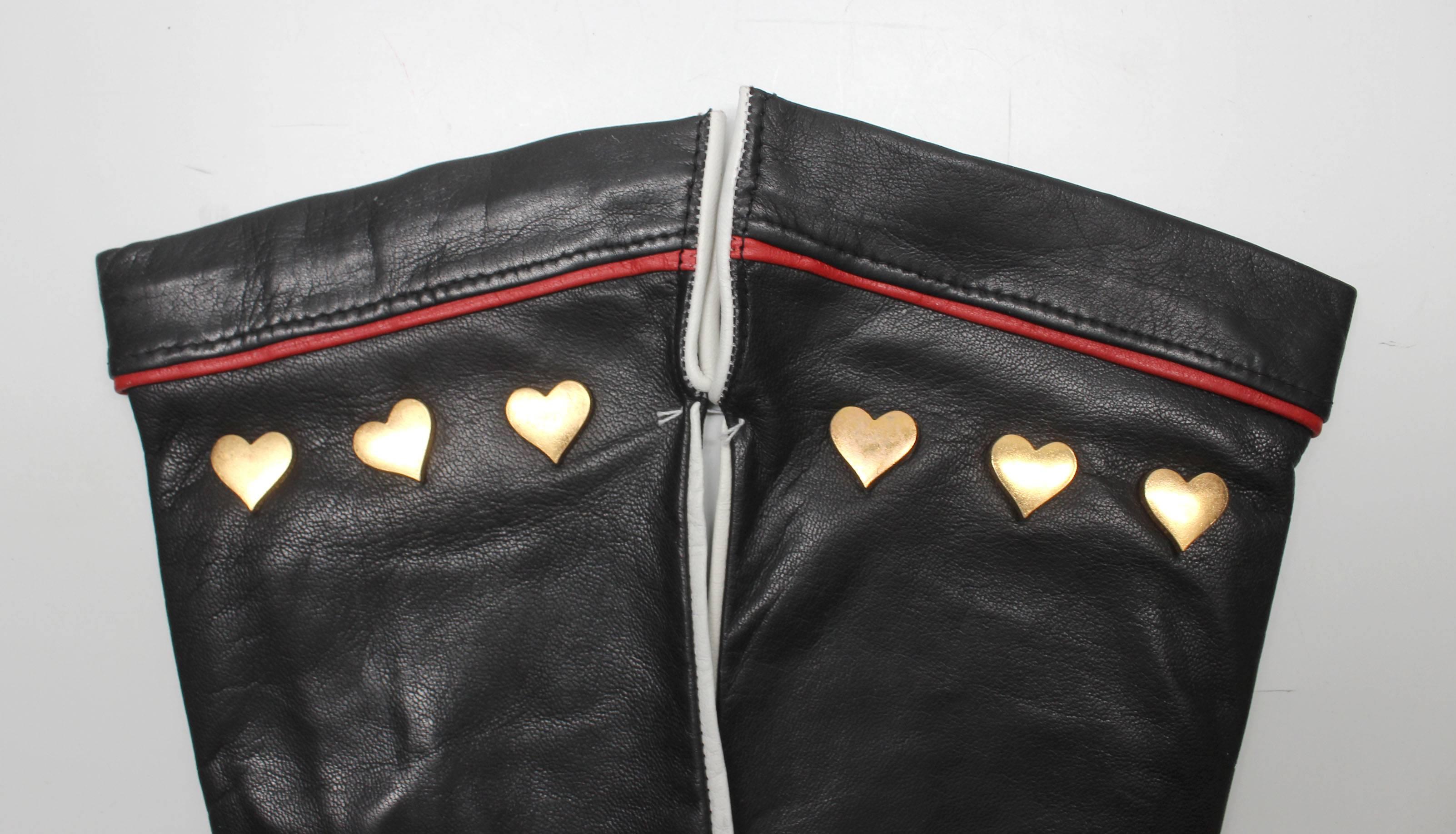 Vintage 1980s Escada Black Leather Gloves with Heart Studs, Never Worn 1