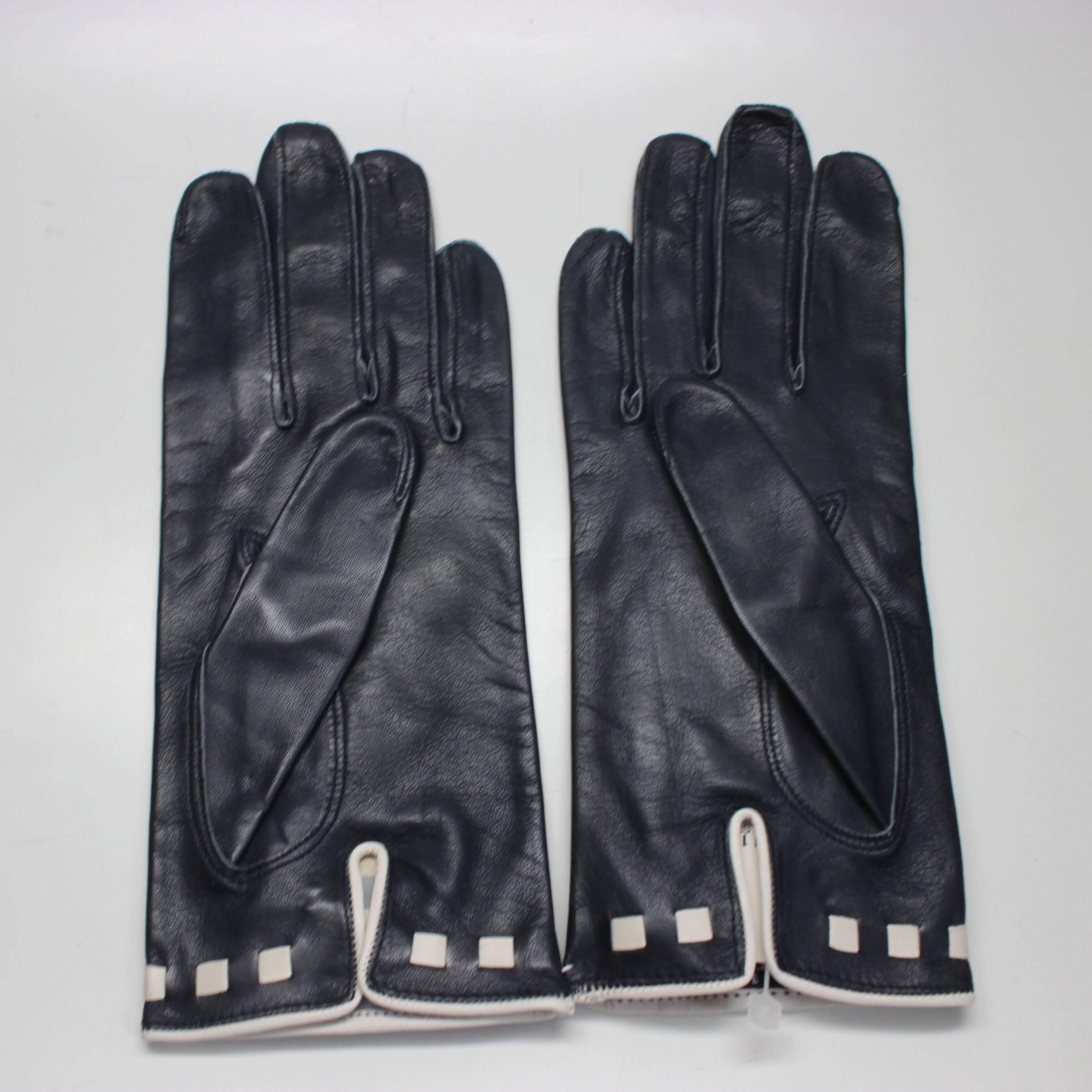 Black 1980s Escada by Margaretha Ley Navy and White Leather Gloves, Never Worn For Sale