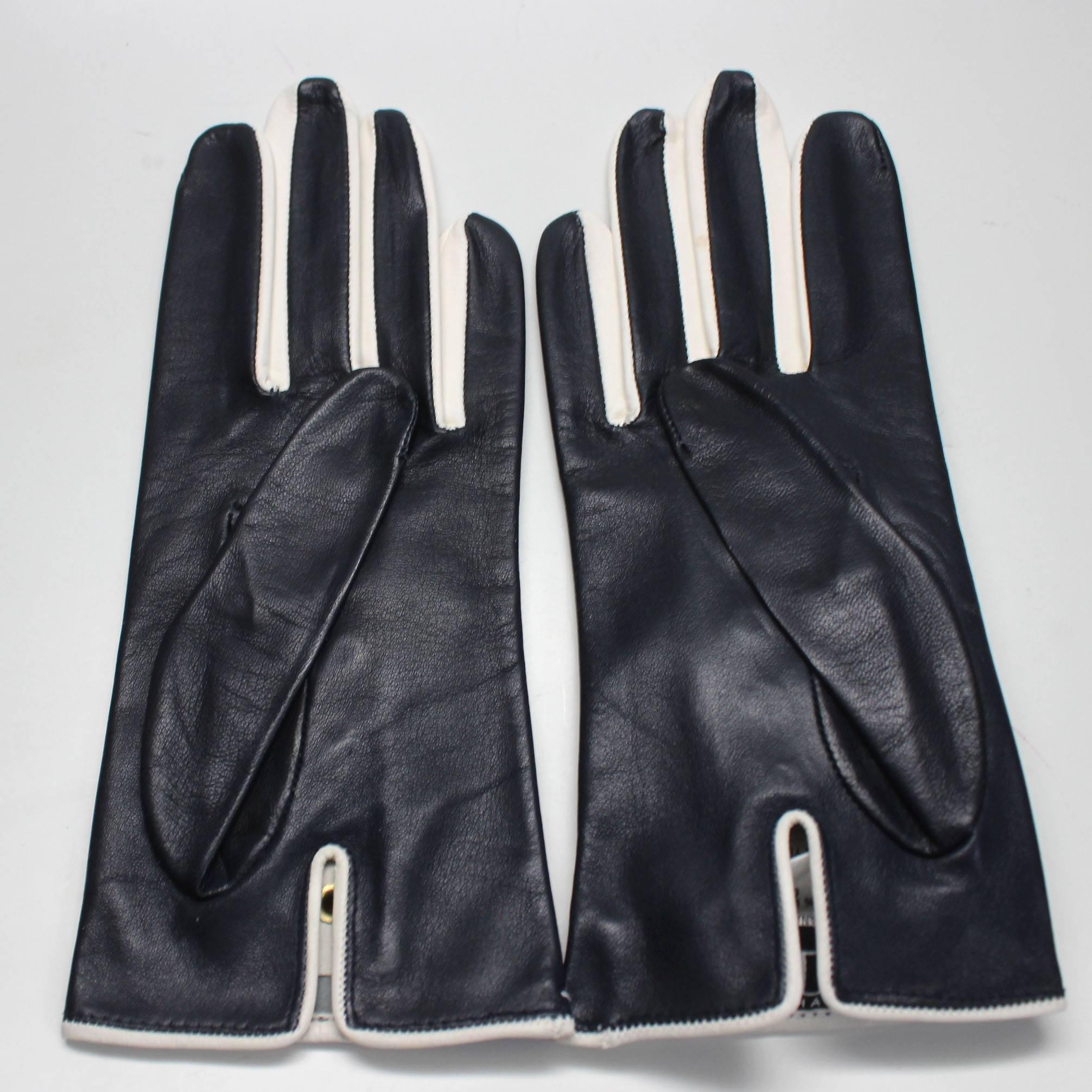 Black 1980s Escada by Margaretha Ley Navy and White Gold Buttoned Leather Gloves