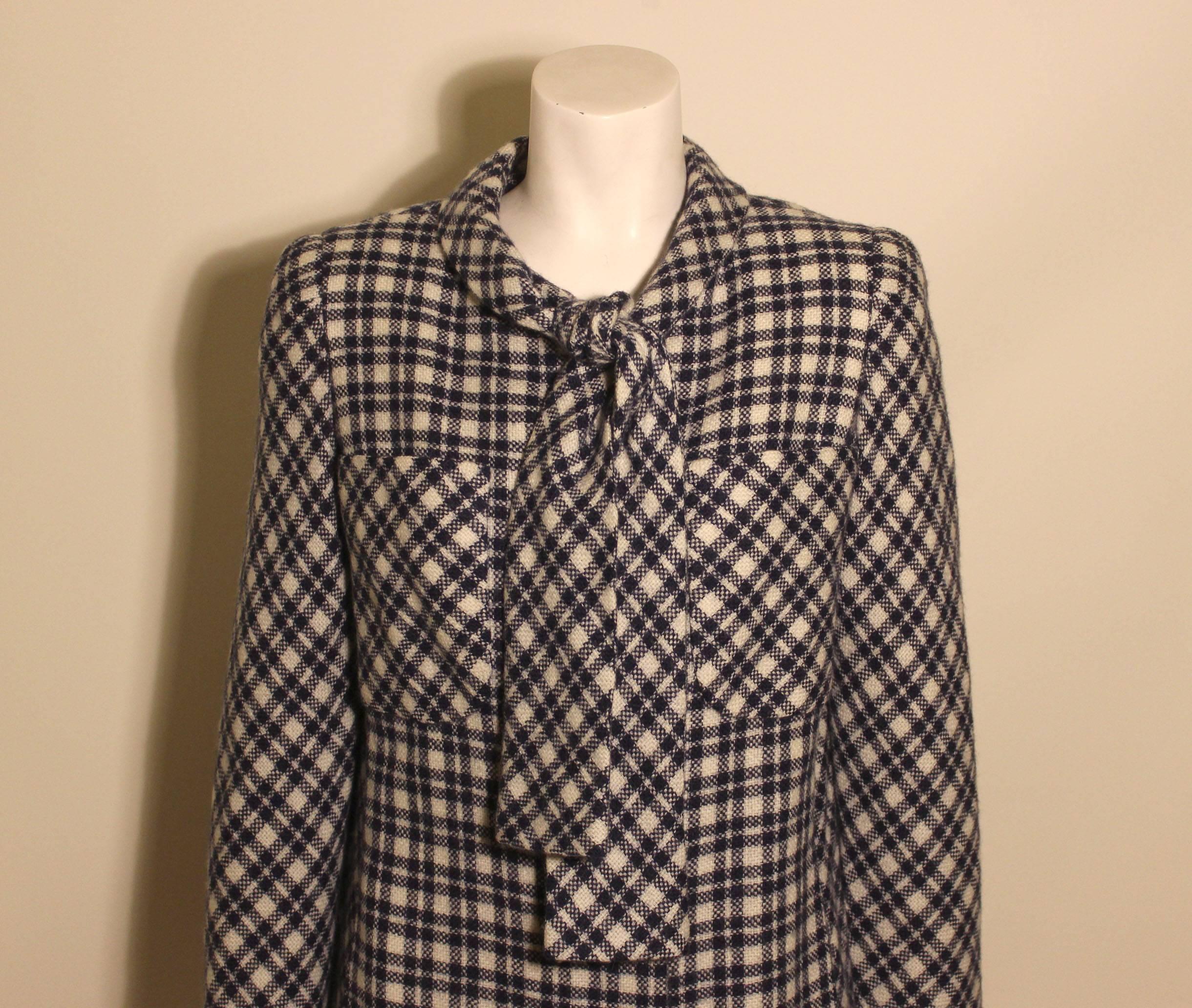 Women's Vintage 1960s Style Pauline Trigere Navy and White Check Coat For Sale