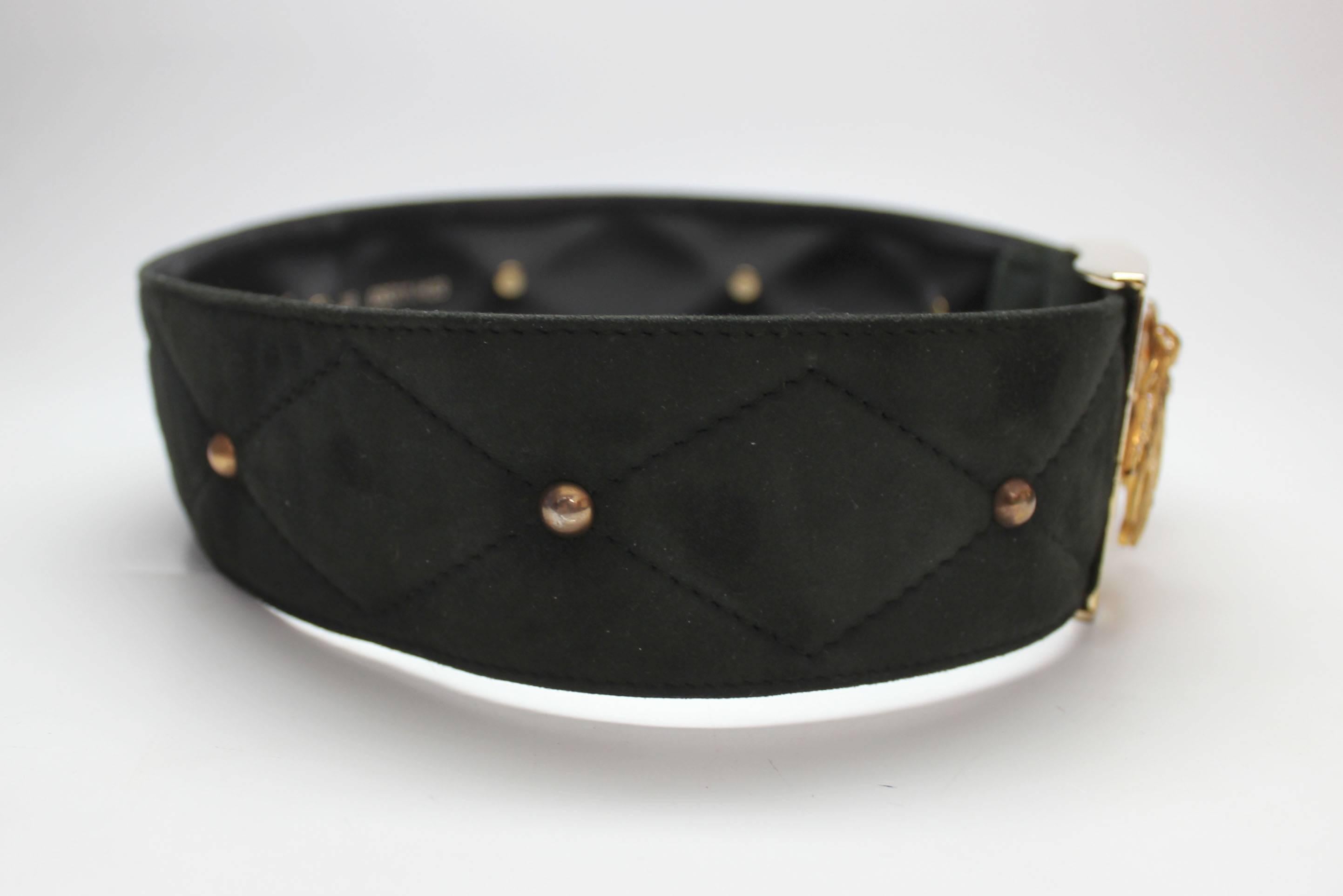 Black Vintage 1980s Escada Forest Green Quilted Belt with Sculptural Horse Head Buckle For Sale