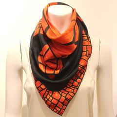 Vintage1960s Pauline Trigere Red and Black Turtle Motif Silk Scarf