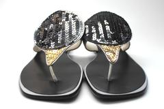 1990 Charles Jourdan Futuristic Black and Gold Sequin Sandals