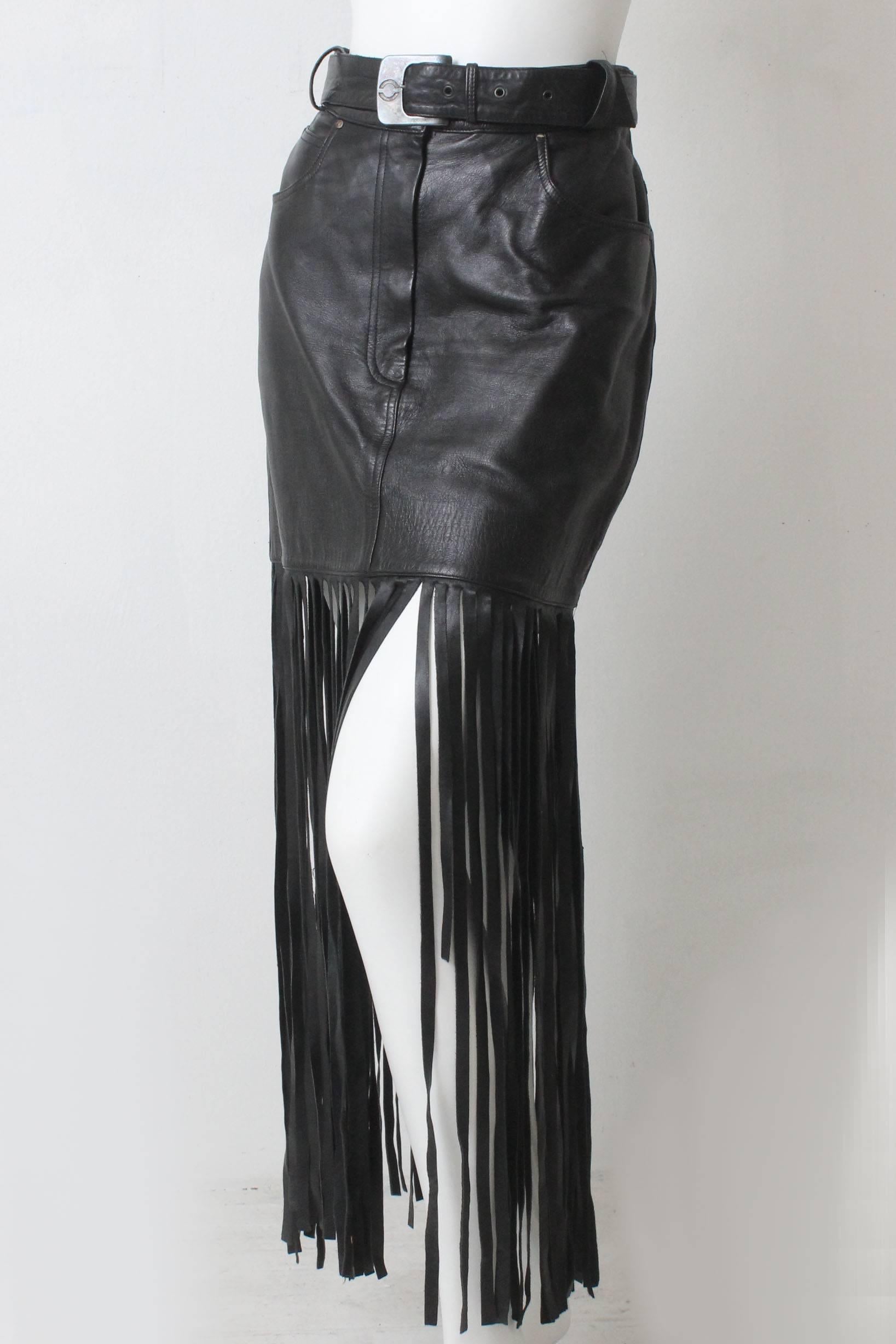1980s Claude Montana Black Leather Floor Length Fringe Skirt In Excellent Condition For Sale In New York, NY