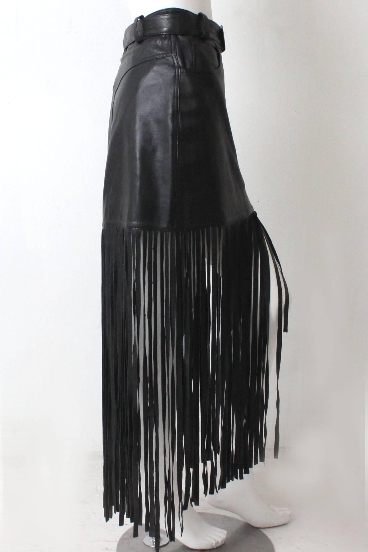 1980s Claude Montana Black Leather Floor Length Fringe Skirt For Sale 1