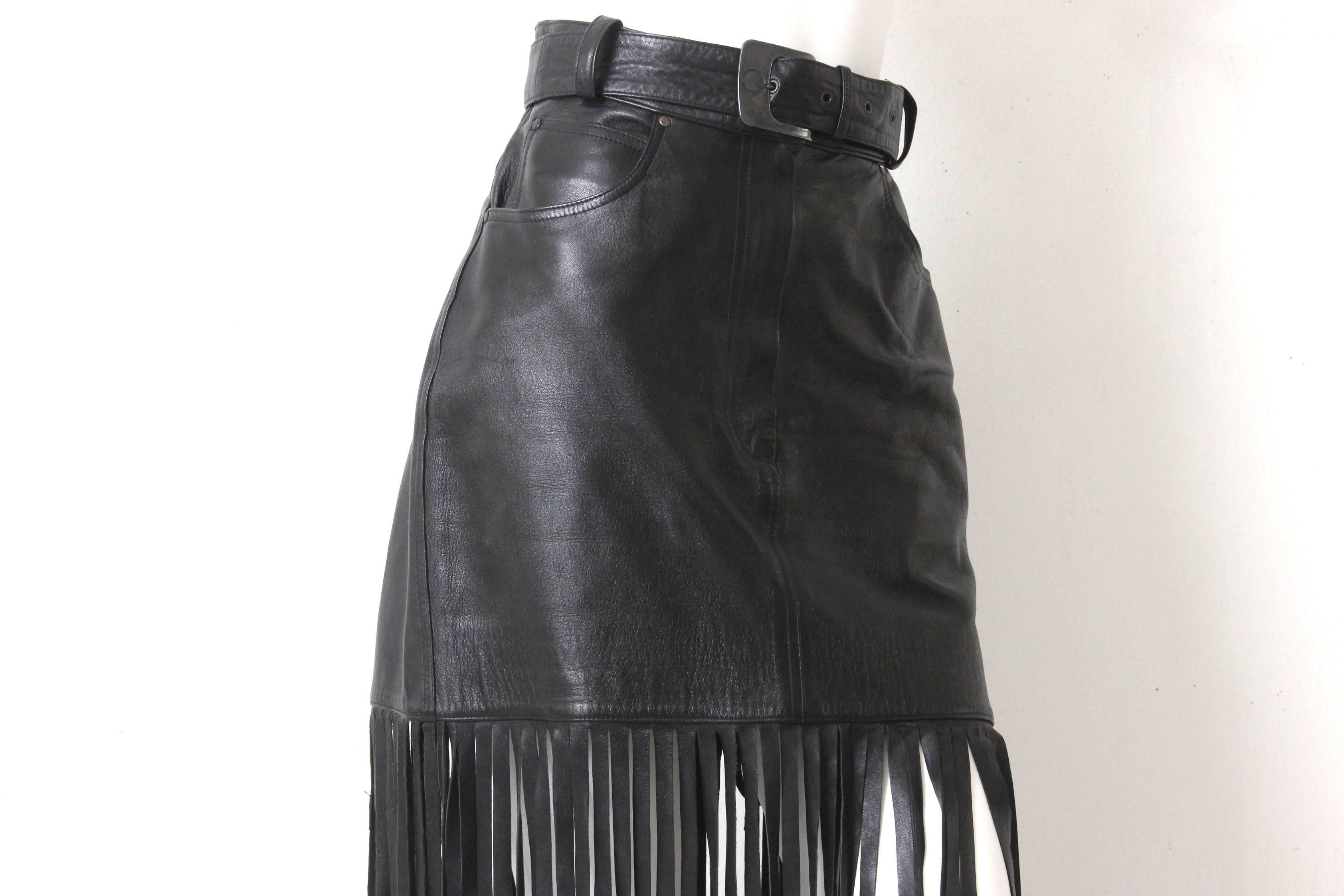 Women's 1980s Claude Montana Black Leather Floor Length Fringe Skirt For Sale