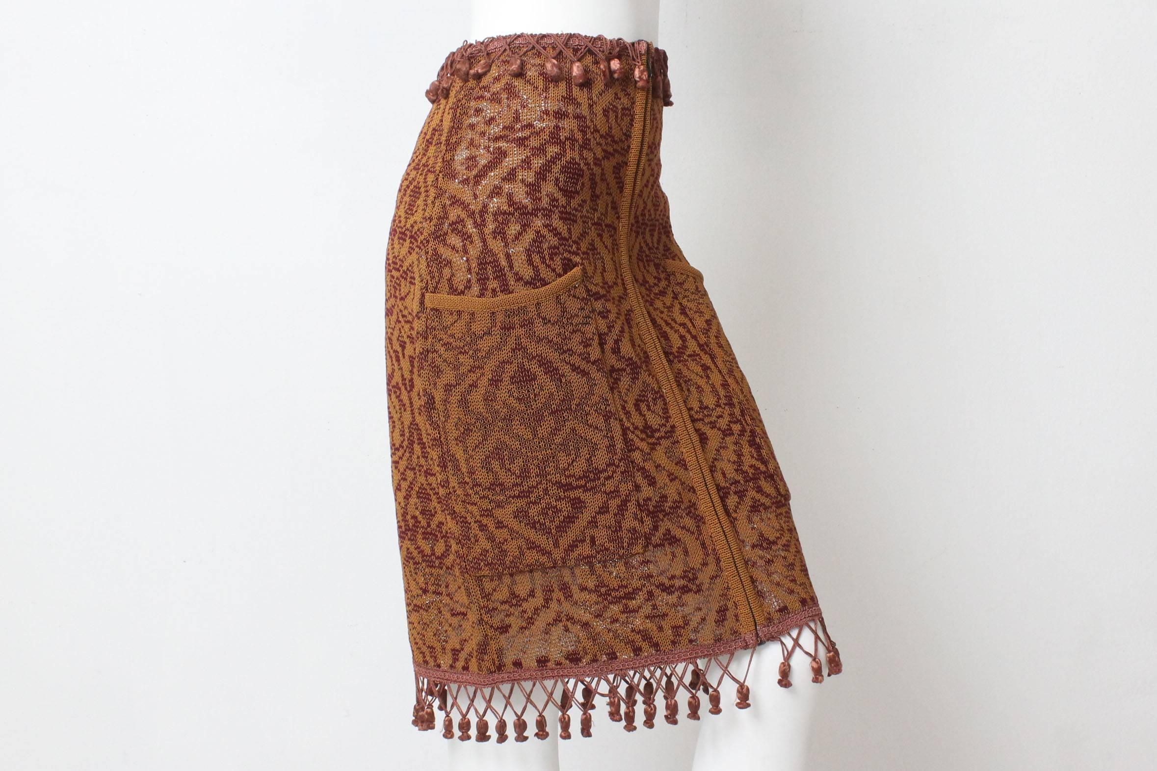 Brown 1980s Jean Paul Gaultier Tassled Knit Bodycon Skirt 