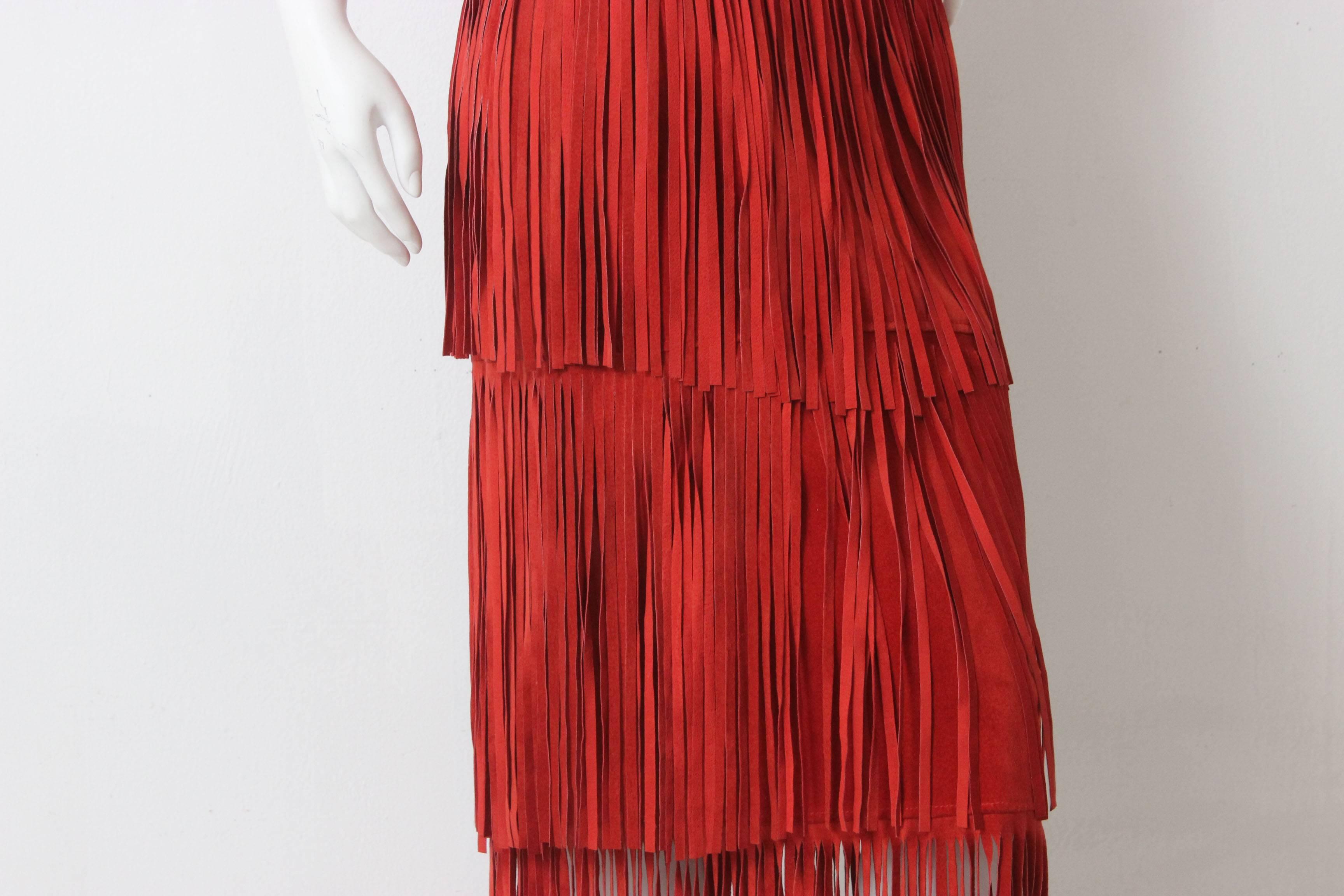  1980s Moschino Floor Length Red Suede Fringe Skirt In Excellent Condition For Sale In New York, NY