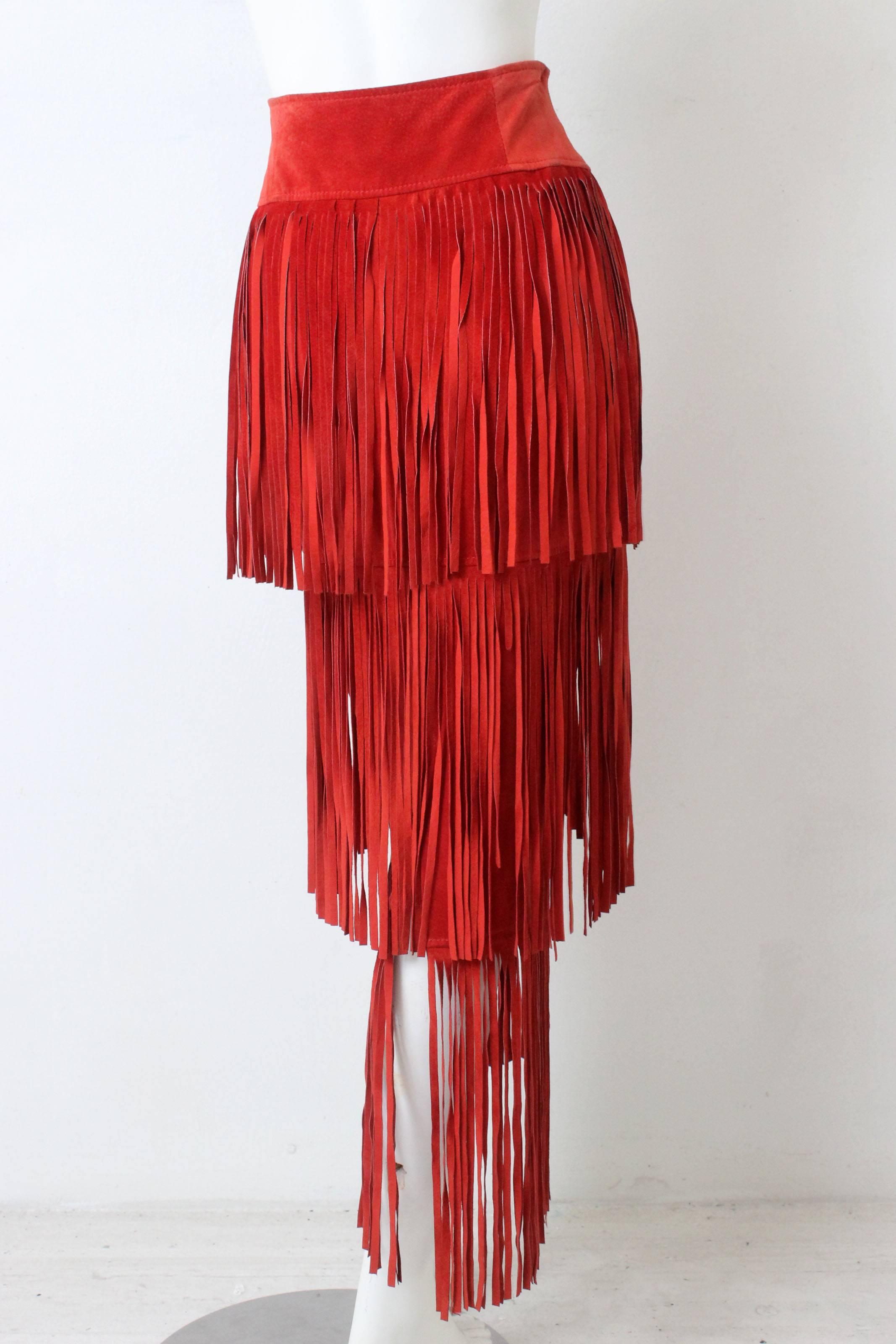 Women's  1980s Moschino Floor Length Red Suede Fringe Skirt For Sale