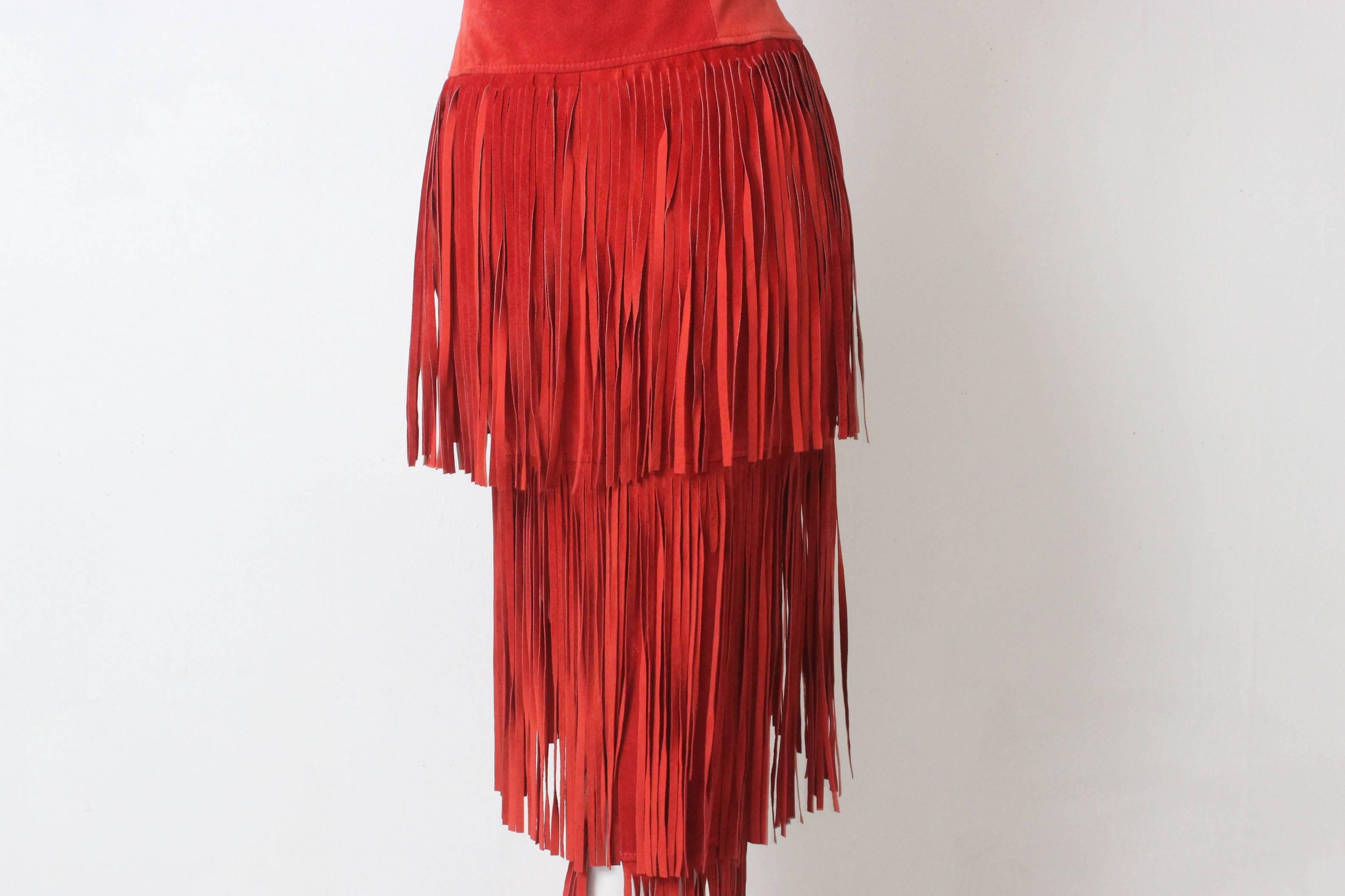  1980s Moschino Floor Length Red Suede Fringe Skirt For Sale 1