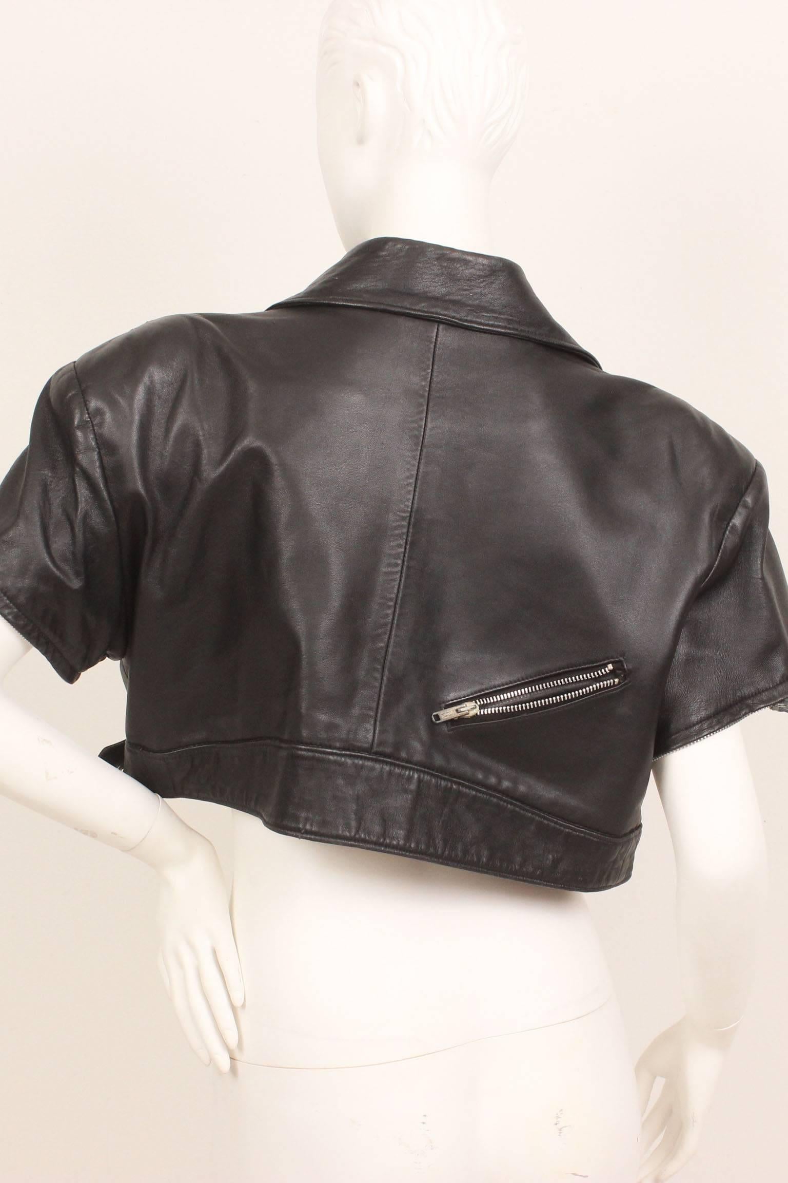 Michoel Schoeler Black Leather Cropped Motorcycle Jacket In Good Condition For Sale In New York, NY