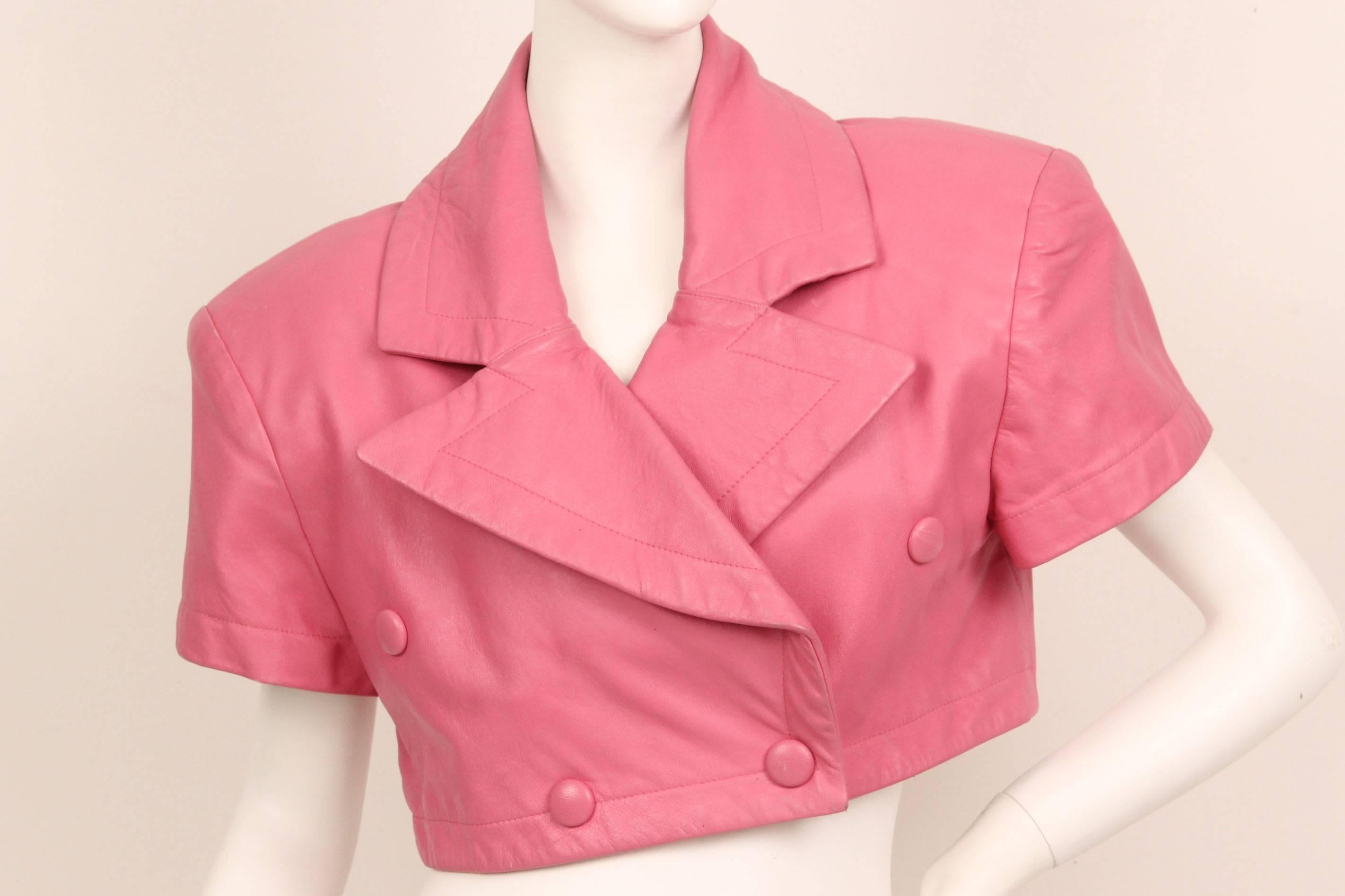 Michoel Schoeler Pink Leather Cropped Double Breasted Jacket In Excellent Condition For Sale In New York, NY