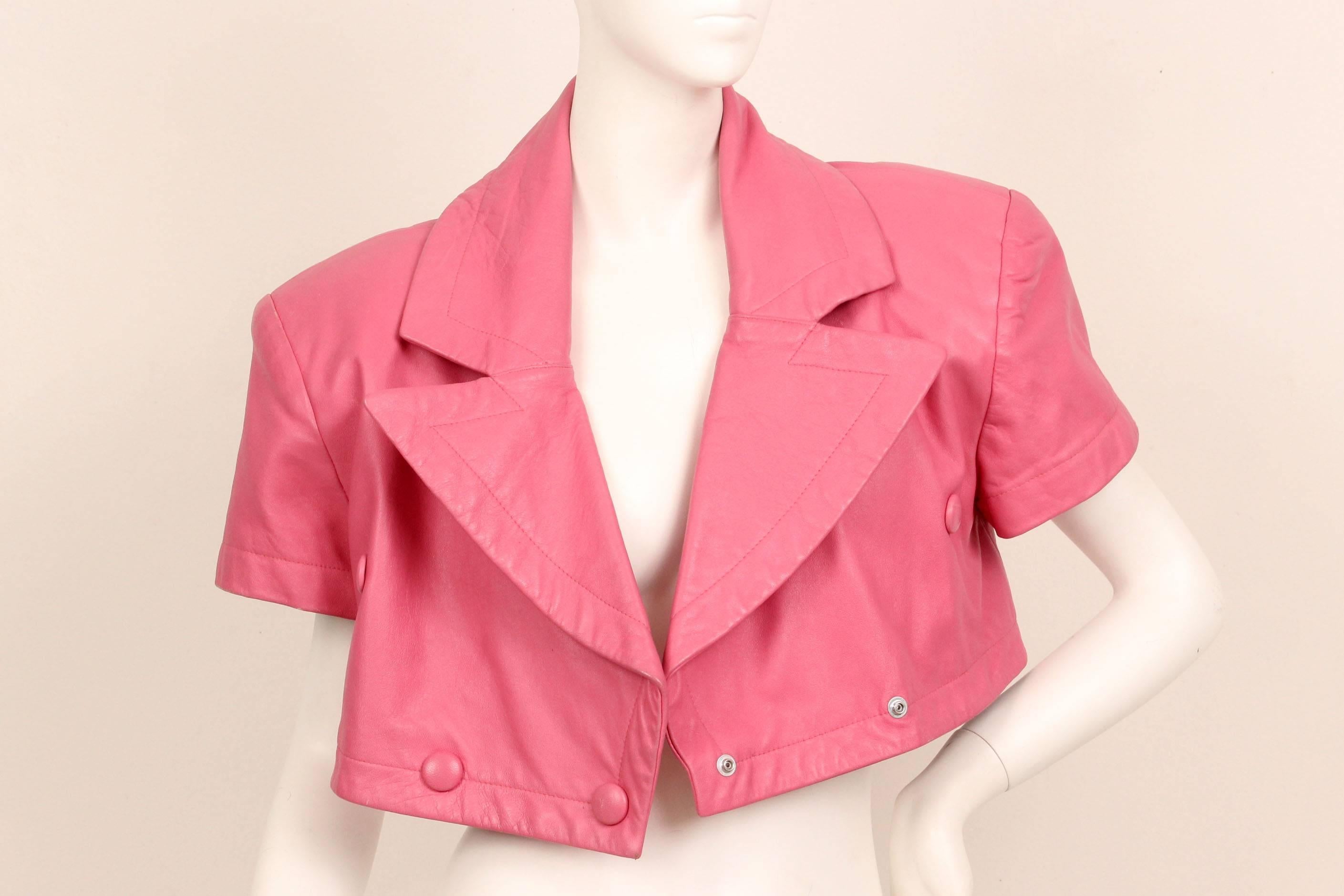 Women's or Men's Michoel Schoeler Pink Leather Cropped Double Breasted Jacket For Sale