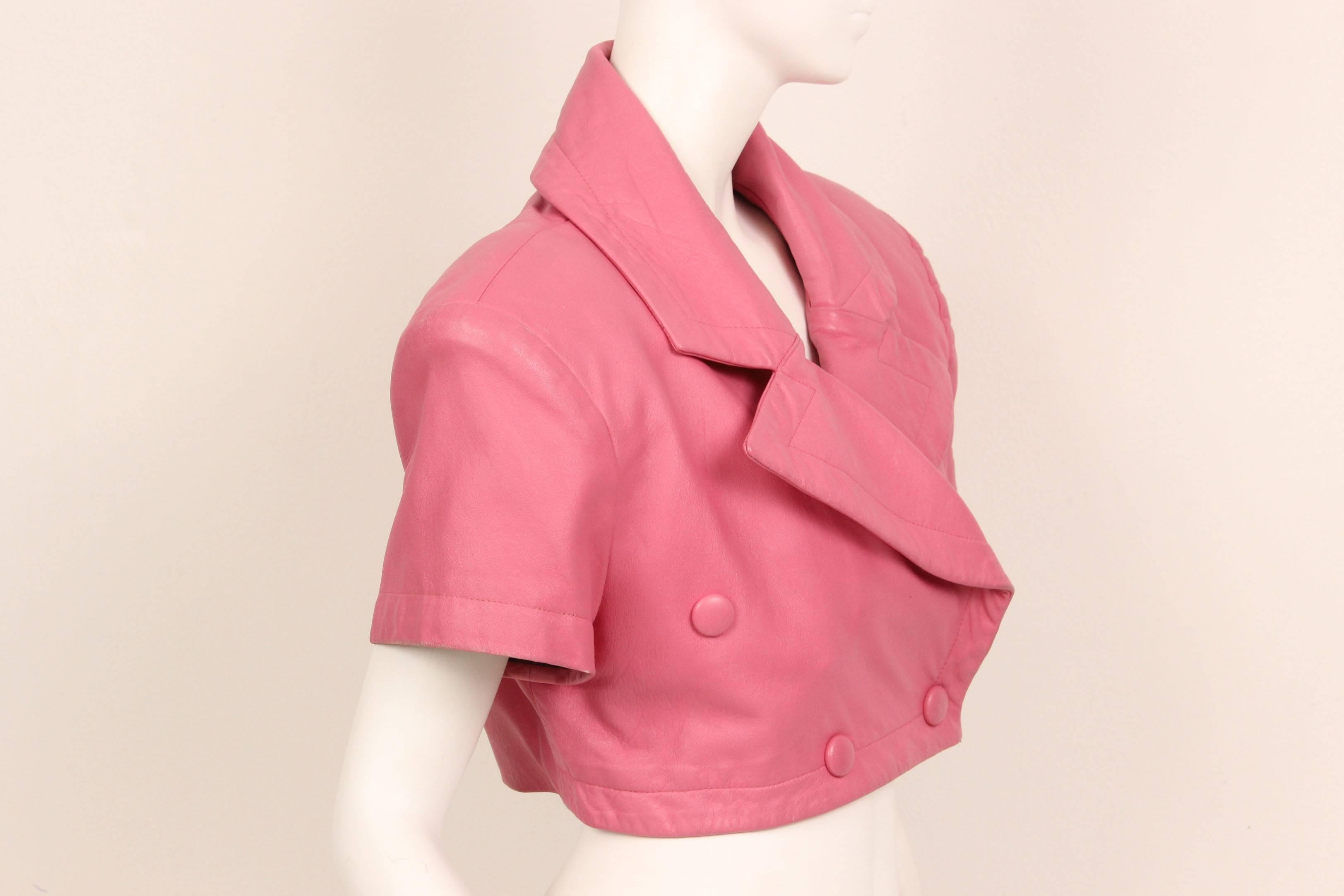 Michoel Schoeler Pink Leather Cropped Double Breasted Jacket For Sale 2