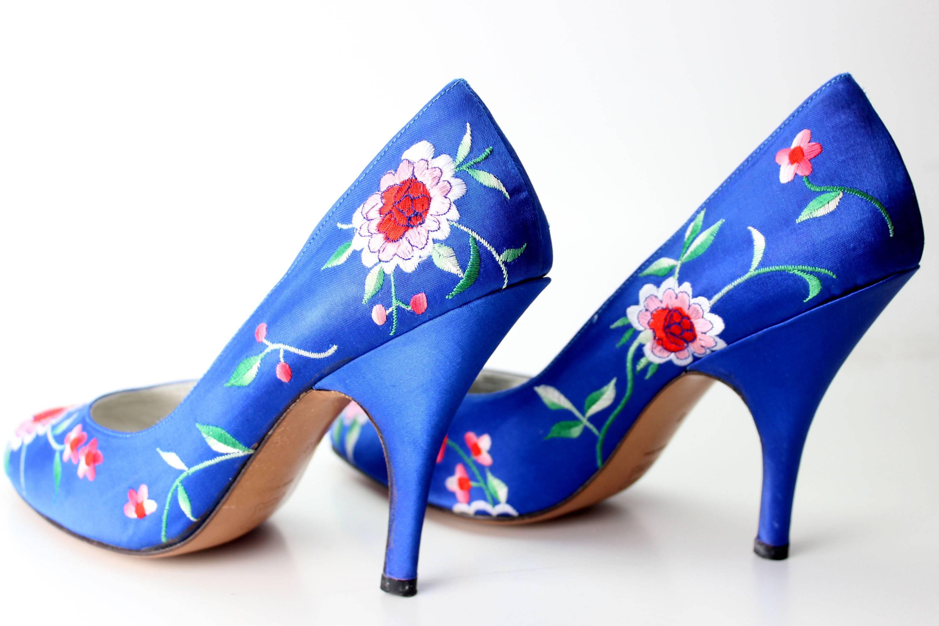 Norma Kamali Vintage Blue Satin Embroidered Floral Pumps 5