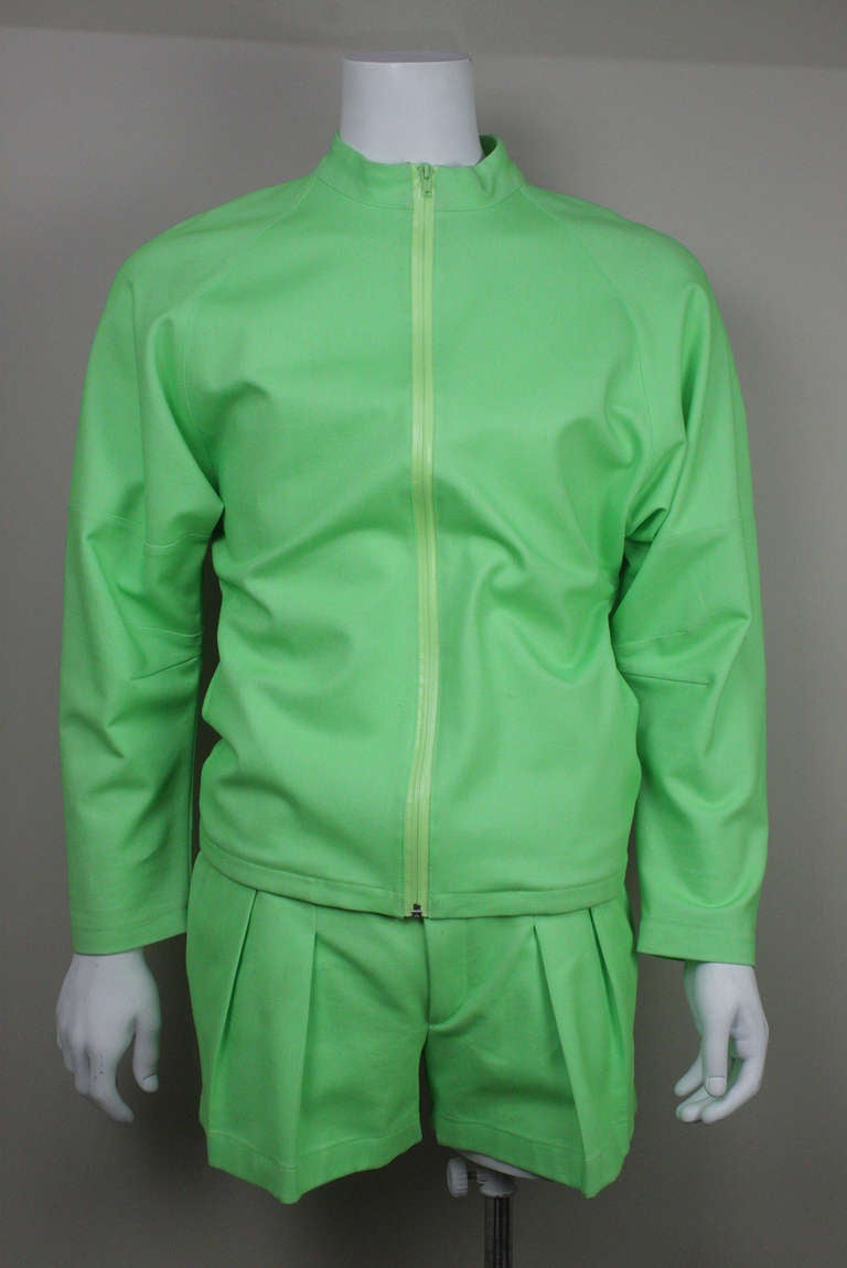 Jacket and pleated shorts from Mugler during Nicola Formichetti's time at the label. Sporty, zip front jacket with two slit pockets at the side seams. Pleated shorts with elastic waist and snap and zip fly.