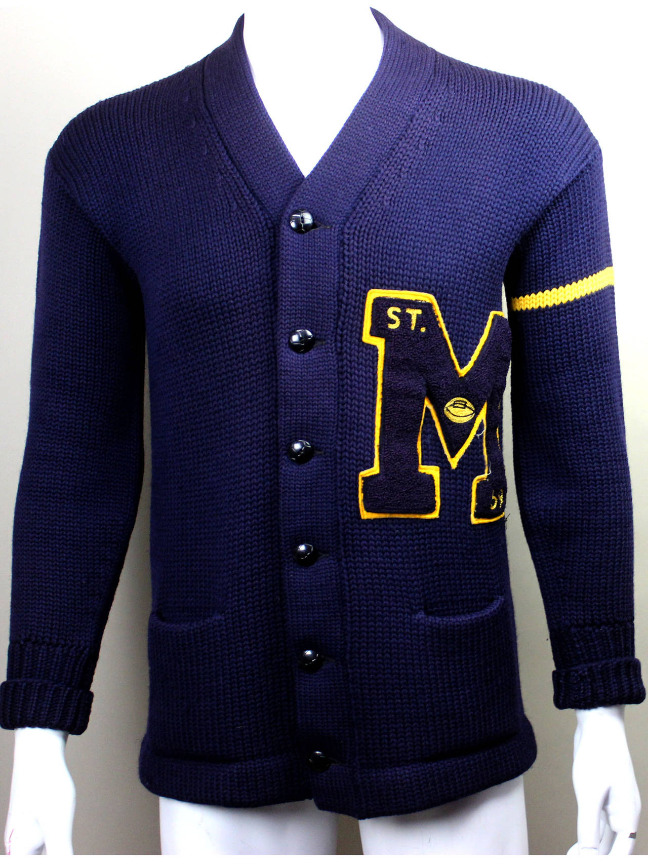 SALE! Originally $450
This is an authentic 1959 all-wool Football Letter sweater. Originally sold at Everett Square Sporting Goods Company, a Massachusetts store supplying area schools with varsity wear in the 1950s and 1960s. This sweater is a